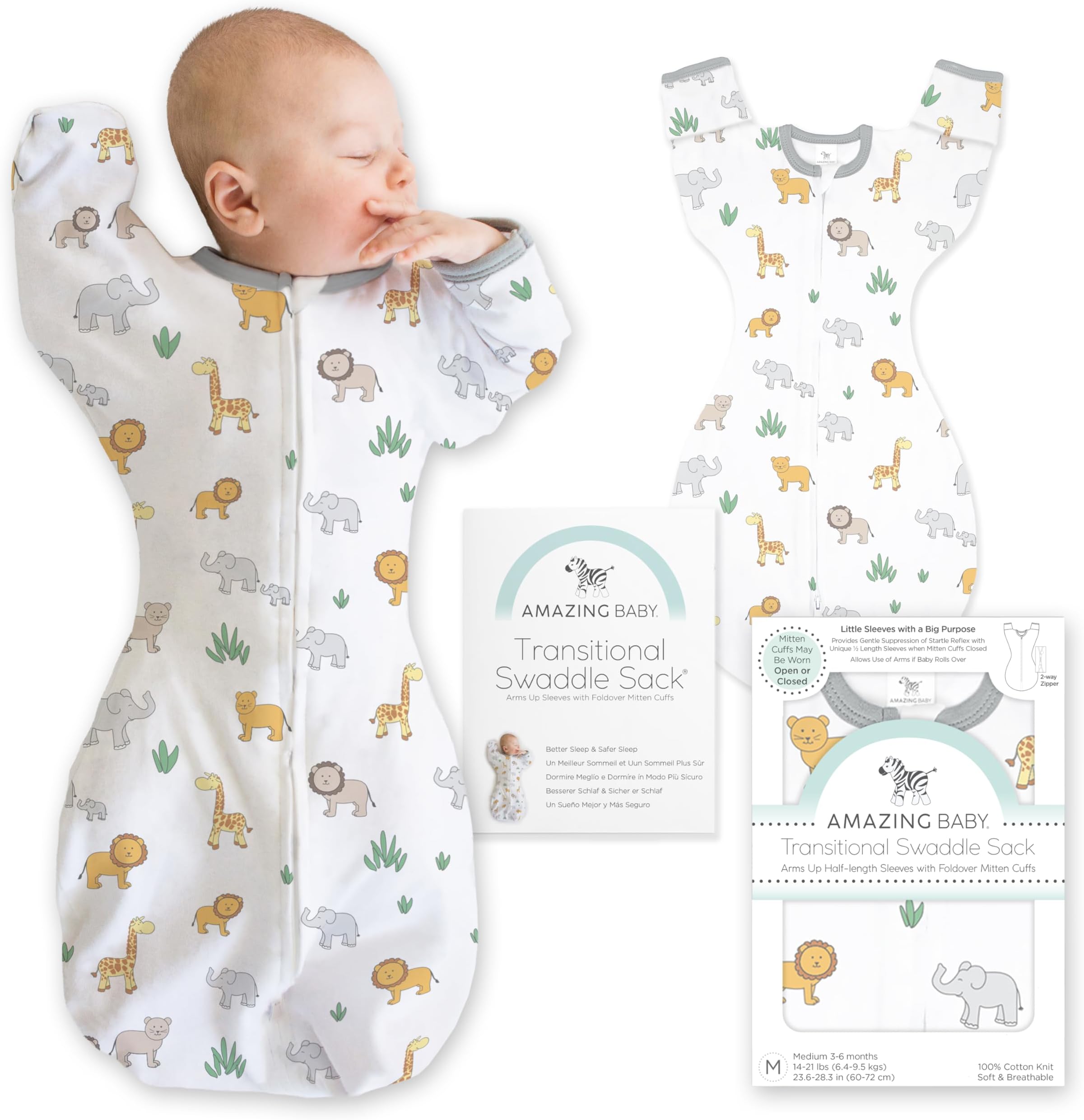 Transitional Swaddle Sack, Arms Up Half-Length Sleeves & Mitten Cuffs, Swaddle for Newborn Transition to Baby Sleep Sack Wearable Blanket, Medium, 3-6 Month, 14-21 lb, On Safari