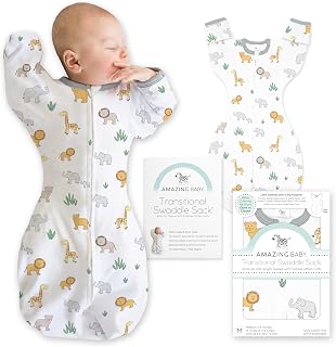 Amazing Baby Transitional Swaddle Sack, Cotton, On Safari, 3-6mo | Arms Up Half-length Sleeve Partially Suppress Moro reflex, Most Gradual Transition Swaddle for Newborn, Safe for Rolling Baby