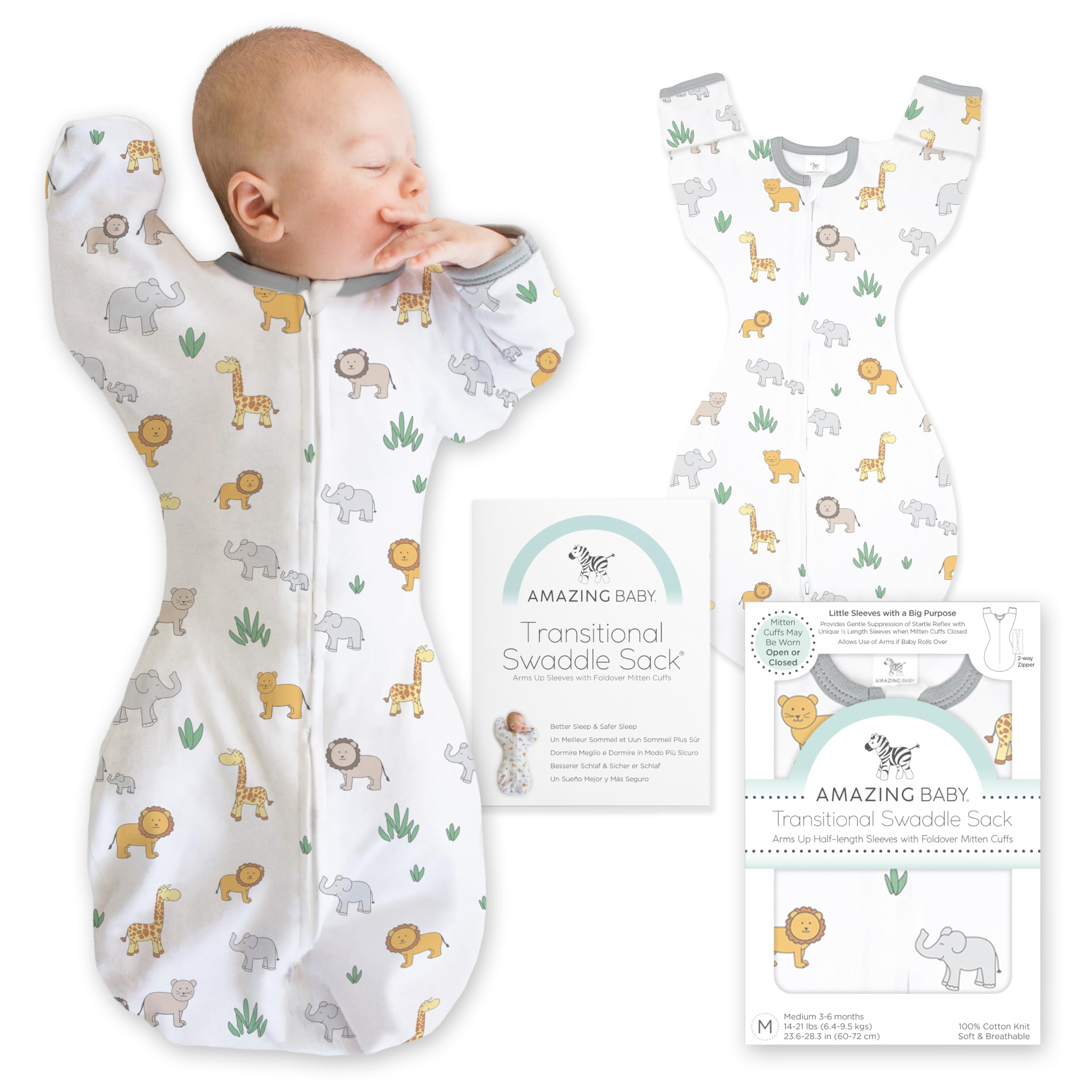 Amazing Baby Transitional Swaddle Sack, Arms Up Half-Length Sleeves & Mitten Cuffs, Most Gradual Transition Swaddle for Newborns to Baby Sleep Sack,