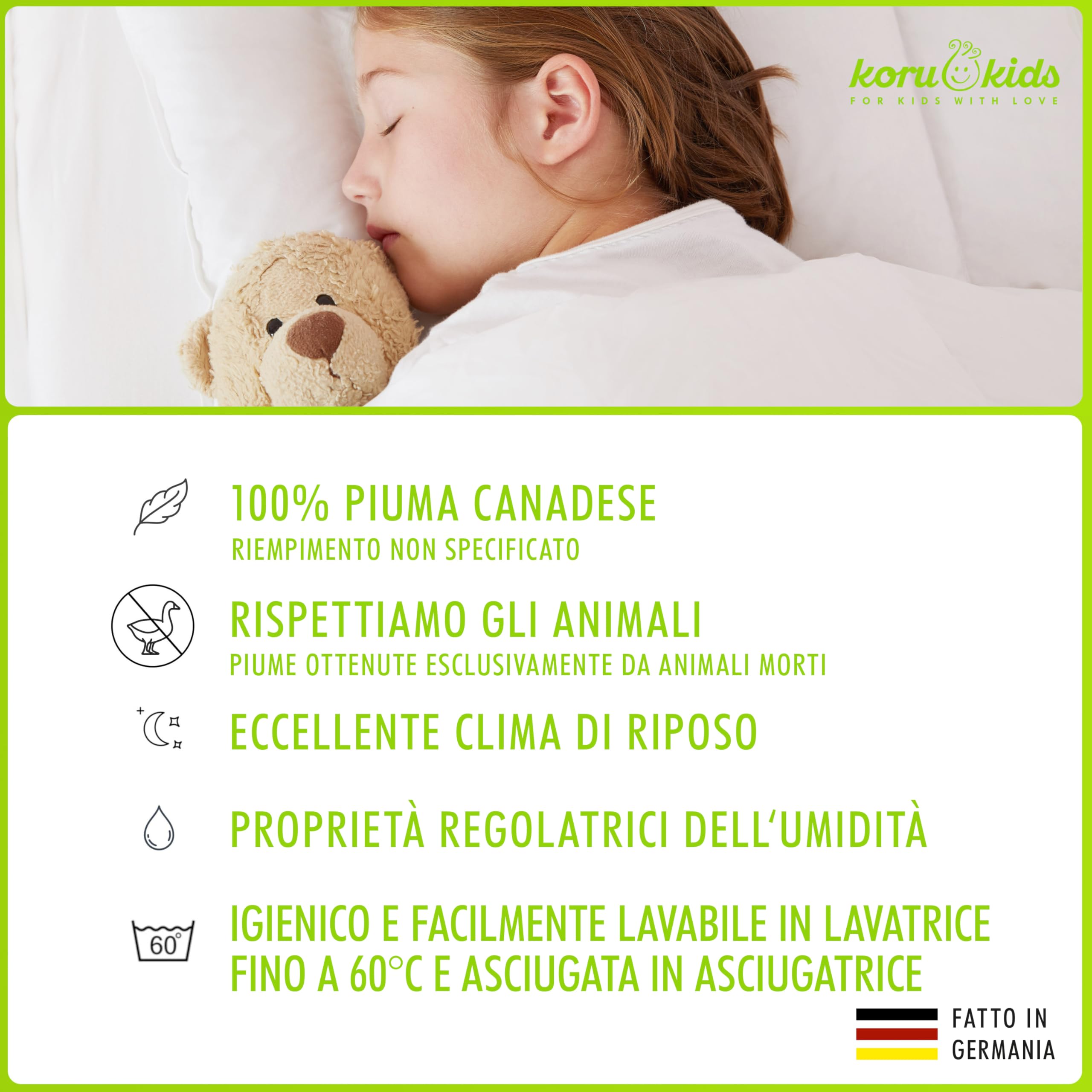 Koru Kids® Piumone Lettino Bambino - Piumino Lettino Bimbo 100x135 cm Estivo, Anallergico. 100% Piume Canadesi 200gr. Piumino Lettino Fatto In Germania Certificato Oeko-Tex 100