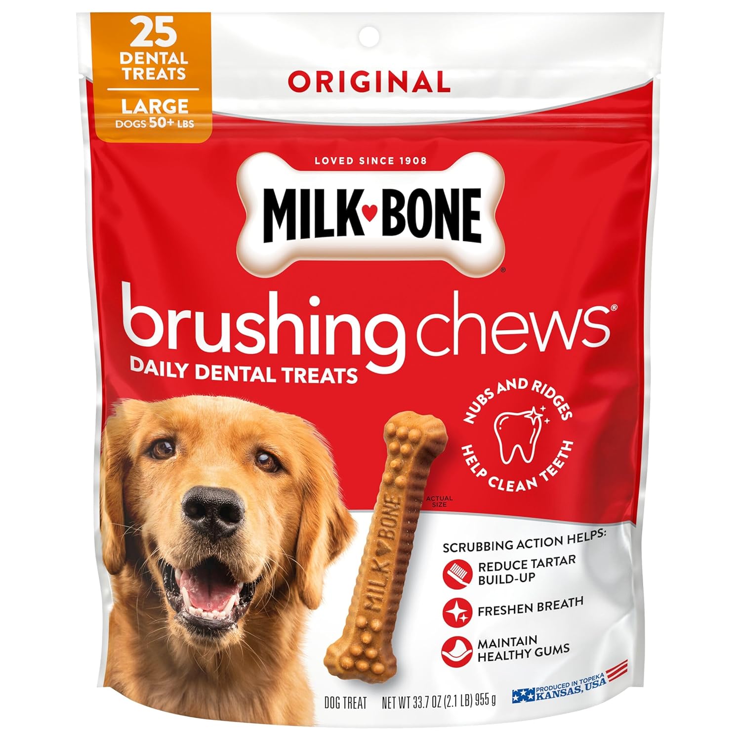 Milk-Bone Brushing Chews Daily Dental Dog Treats, Chicken Flavor, Large, 25 Count