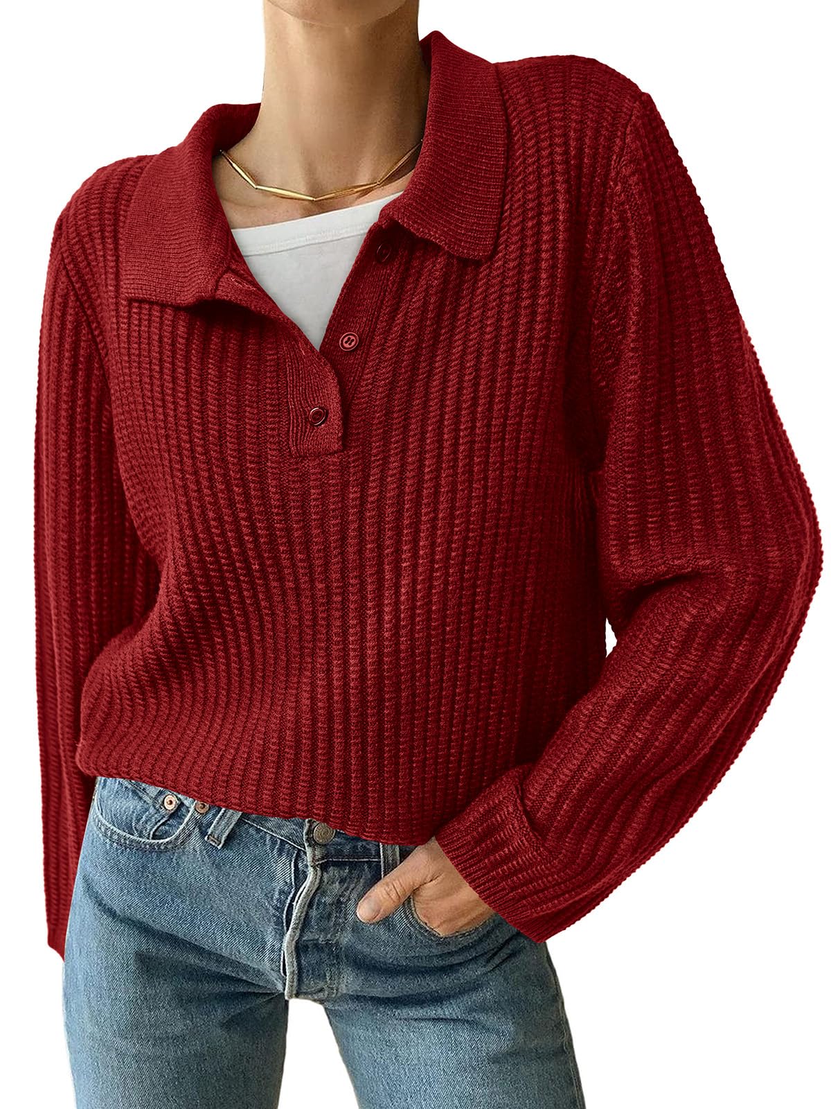 PRETTYGARDEN Women's Long Sleeve Button V Neck Collar Sweater 2023 Fall Casual Chunky Knit Pullover Tops
