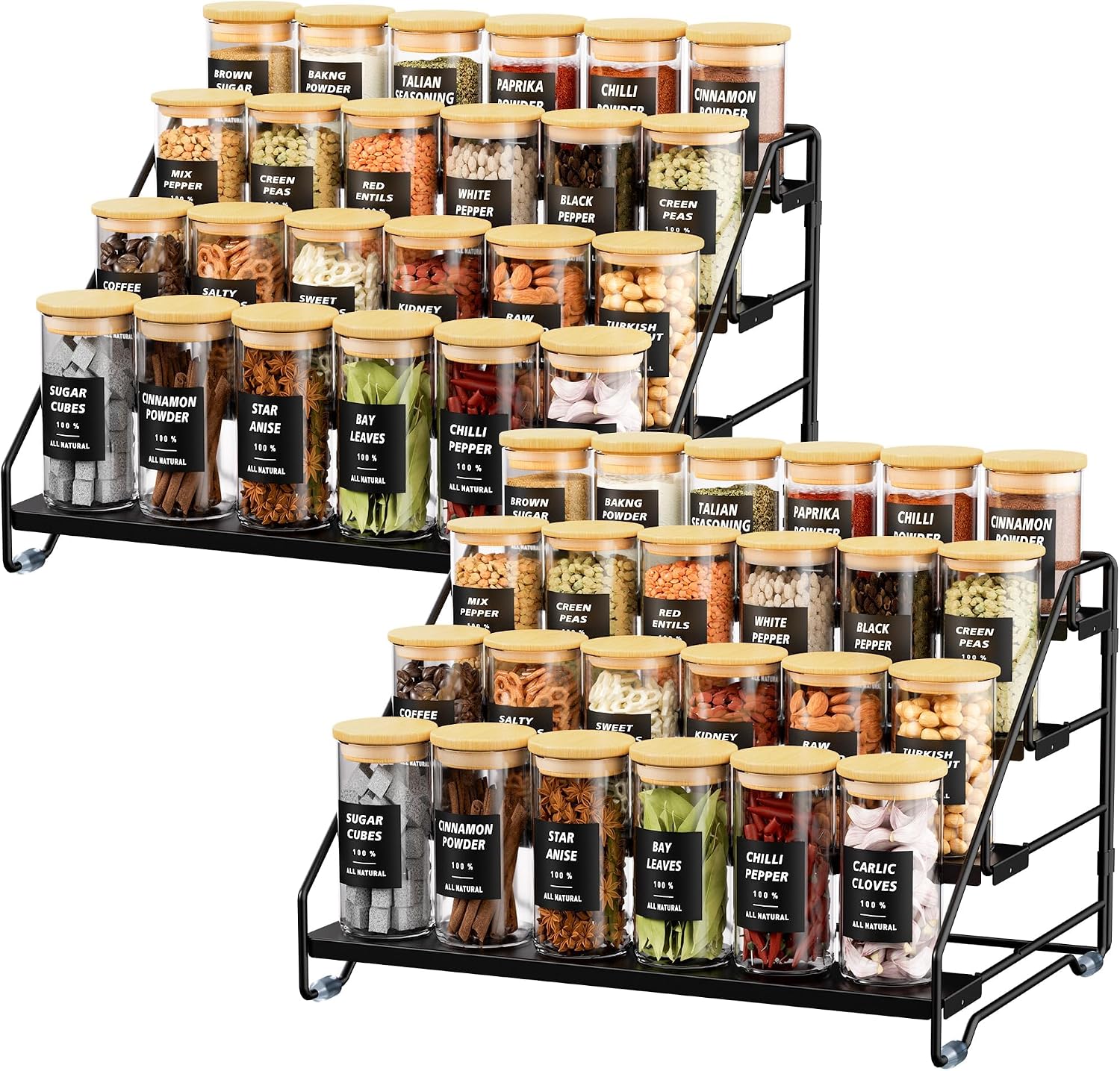 Pack of 2 4 Tier Spice Rack, Standing, Spice Rack, Metal, Adjustable, No Drilling, Spice Holder, Spice Rack Organiser for the Kitchen, Cupboard and Worktop, Kitchen Organiser Shelf (Black)
