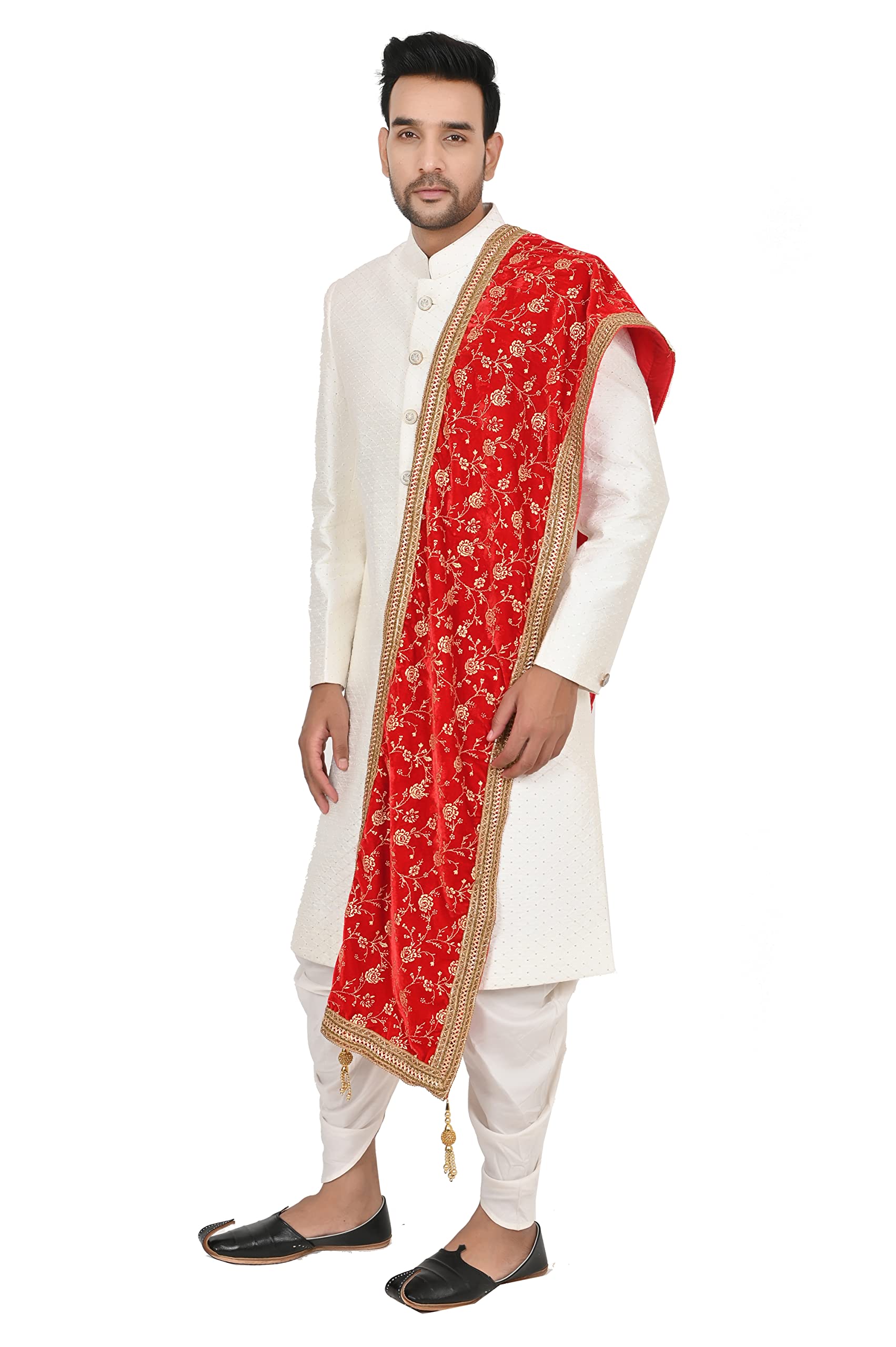 sneh Men's Velvet Heavy Gold Floral Print Stole with Tassels (Red,Free Size)-picture-24