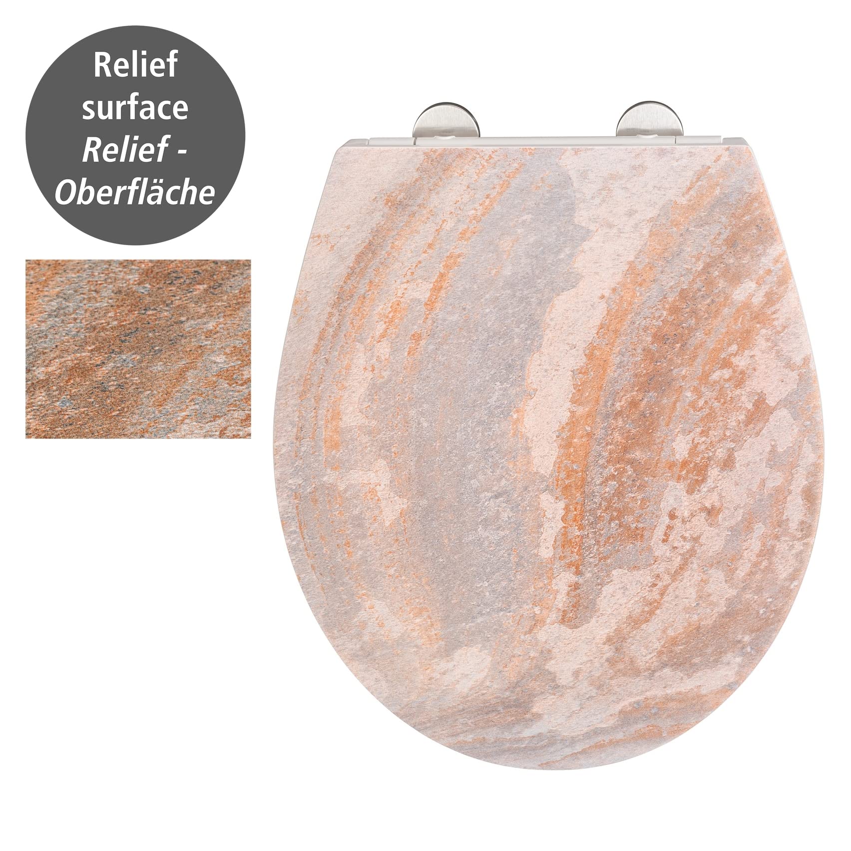 WENKO WC-Sitz Canyon, hygienischer Toilettensitz aus antibakteriellem Duroplast mit Absenkautomatik und rostfreier Fix-Clip Edelstahl Hygiene Befestigung, WC-Deckel mit Relief-Oberfläche, 38 x 44,5 cm