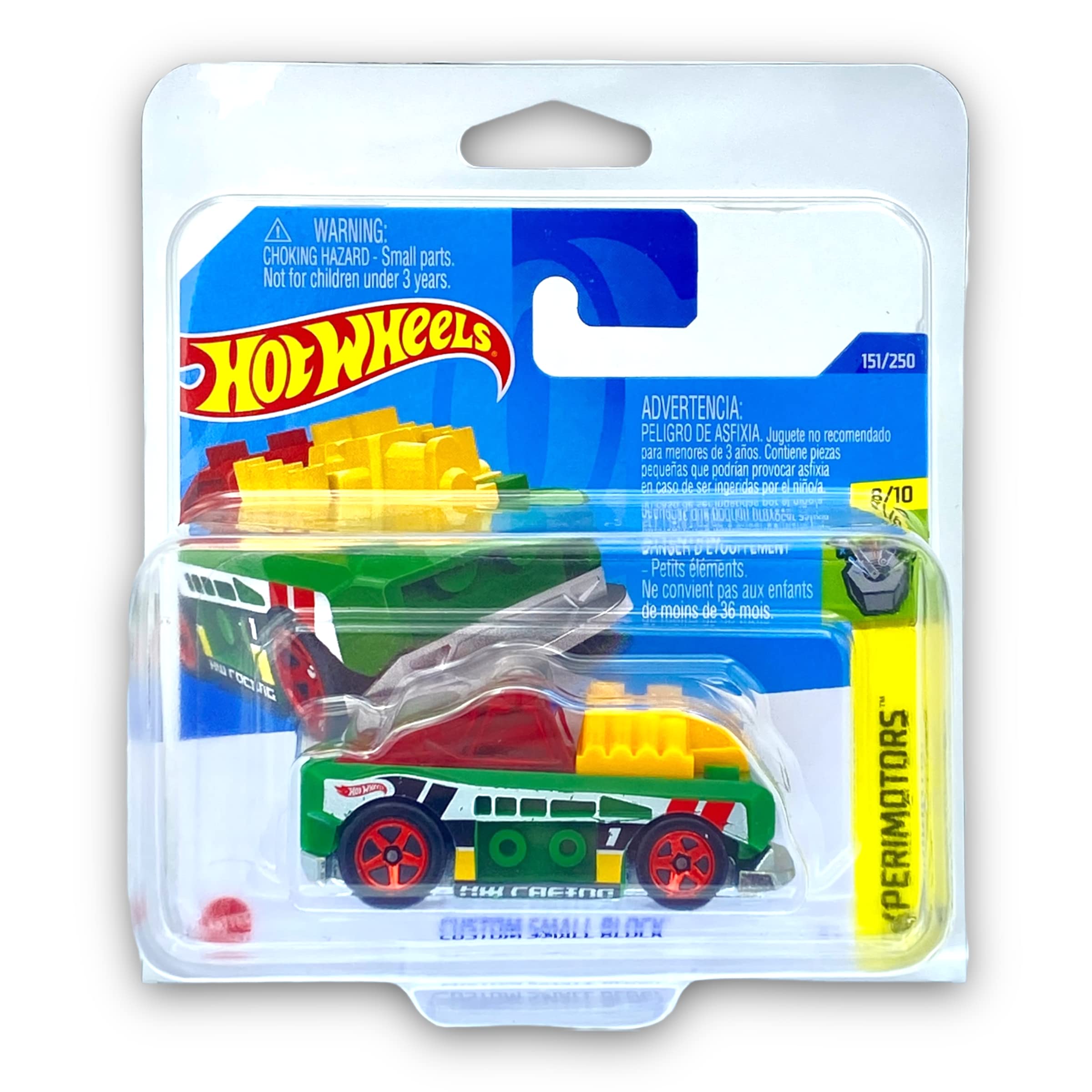 Hot Wheels Custom Small Block (Green, Yellow & Red) 8/10 Experimotors 2022-151/250 (Short Card) - COMES IN A KLAS CAR KEEPER PROTECTIVE COLLECTORS CASE - HCX69