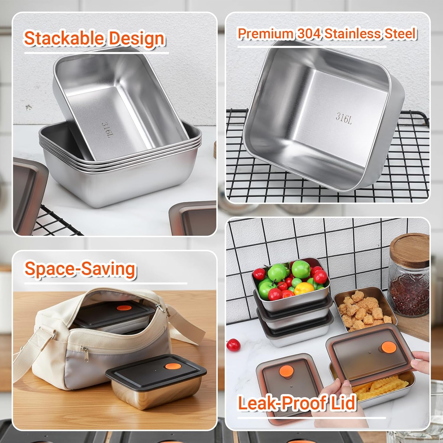 10 Set Stainless Steel Food Containers with Lids, Metal Leak-Proof Food Storage Containers Reusable Stackable Meal Prep Container for Lunch Picnic Travel, Dishwasher & Freezer Safe (16 oz) - Image 4