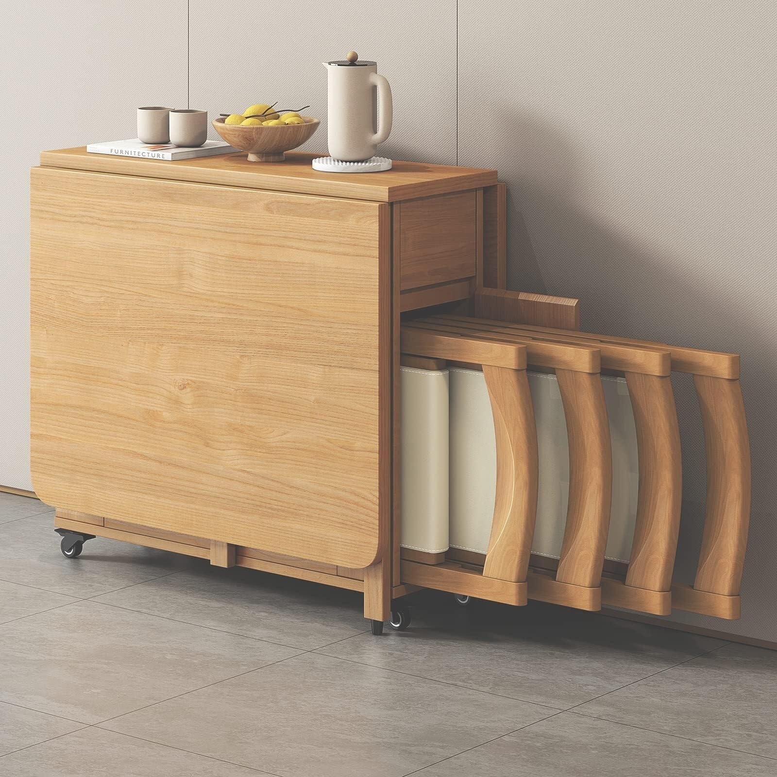 Generico Set tavolo da pranzo pieghevole, Tavoli in legno regolabili con 2 cassetti portaoggetti e 4 ruote, Tavolo da pranzo pieghevole facile da spostare ideale per la sala da pranzo di casa