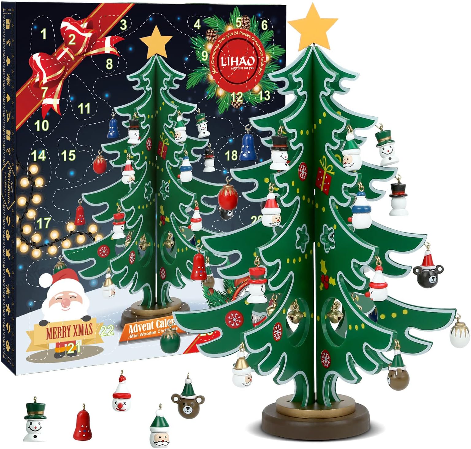 LIHAO Christmas Advent Calendar, 24 Days Tabletop Christmas Tree Countdown Calendar with 24PCS Ornaments for Boys Girls Kids Party Favors, Classroom Prizes Xmas Gift