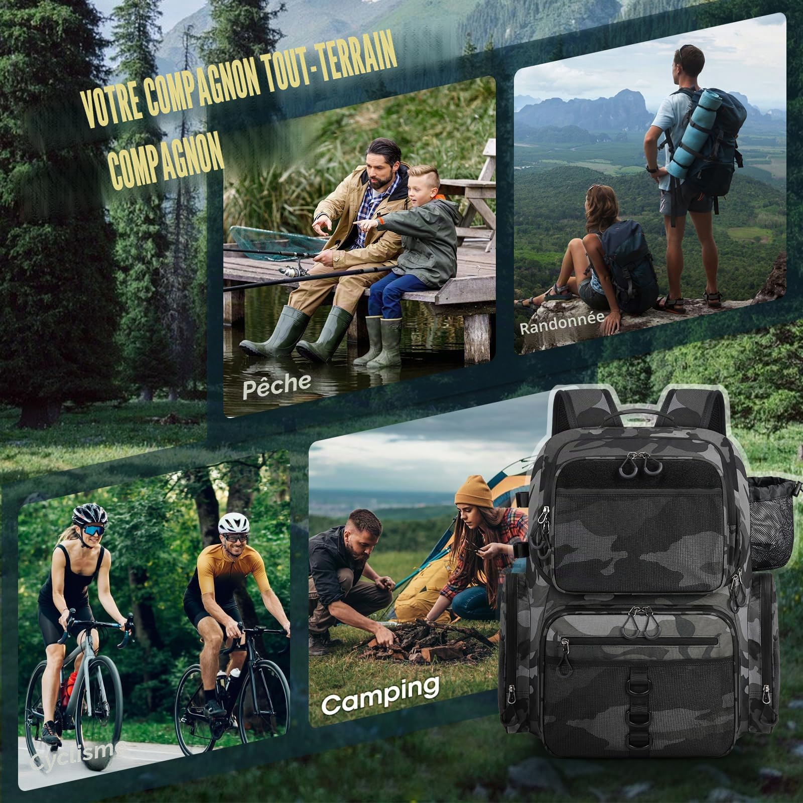 RAINSMORE Sac à Dos de Pêche 45L Imperméable avec Porte-Canne et Housse de Pluie, Grand Sac de Rangement pour Matériel de Pêche, Cadeaux de Pêche pour Hommes, Camouflage