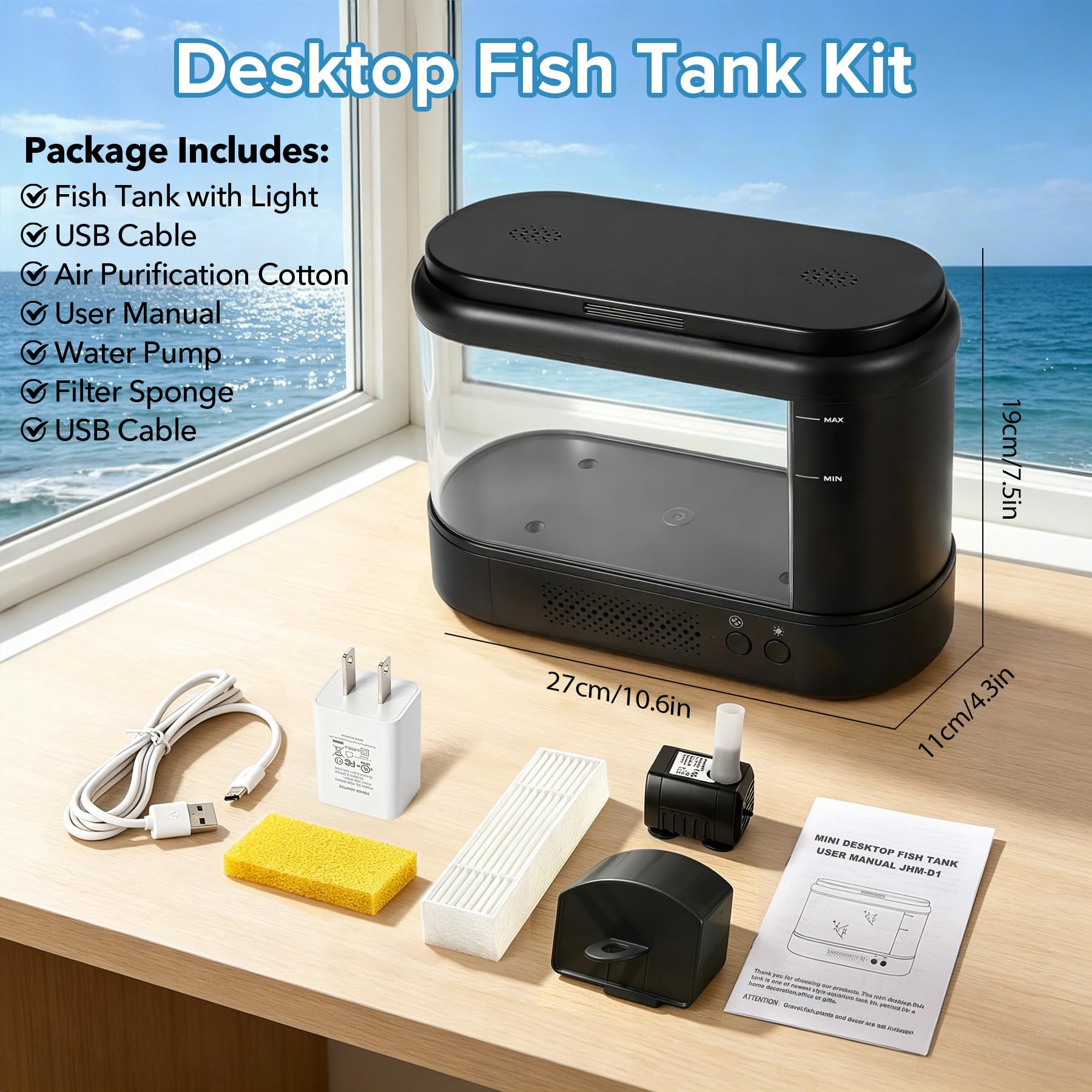 Betta Aquarium-Set, Acryl, klein, 2,5 l, Schwarz | Mit Wasserfilterpumpe und LED-Licht, leises Fischglas für kleine Fische, Pflanzen und Garnelen