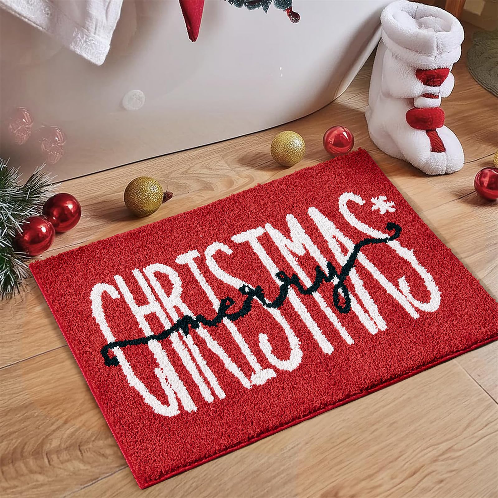 Red Merry Christmas Bath Mat for Bathroom Decorations 16W x 24L Winter Snowflake Cute Seasonal Xmas Bathroom Mat