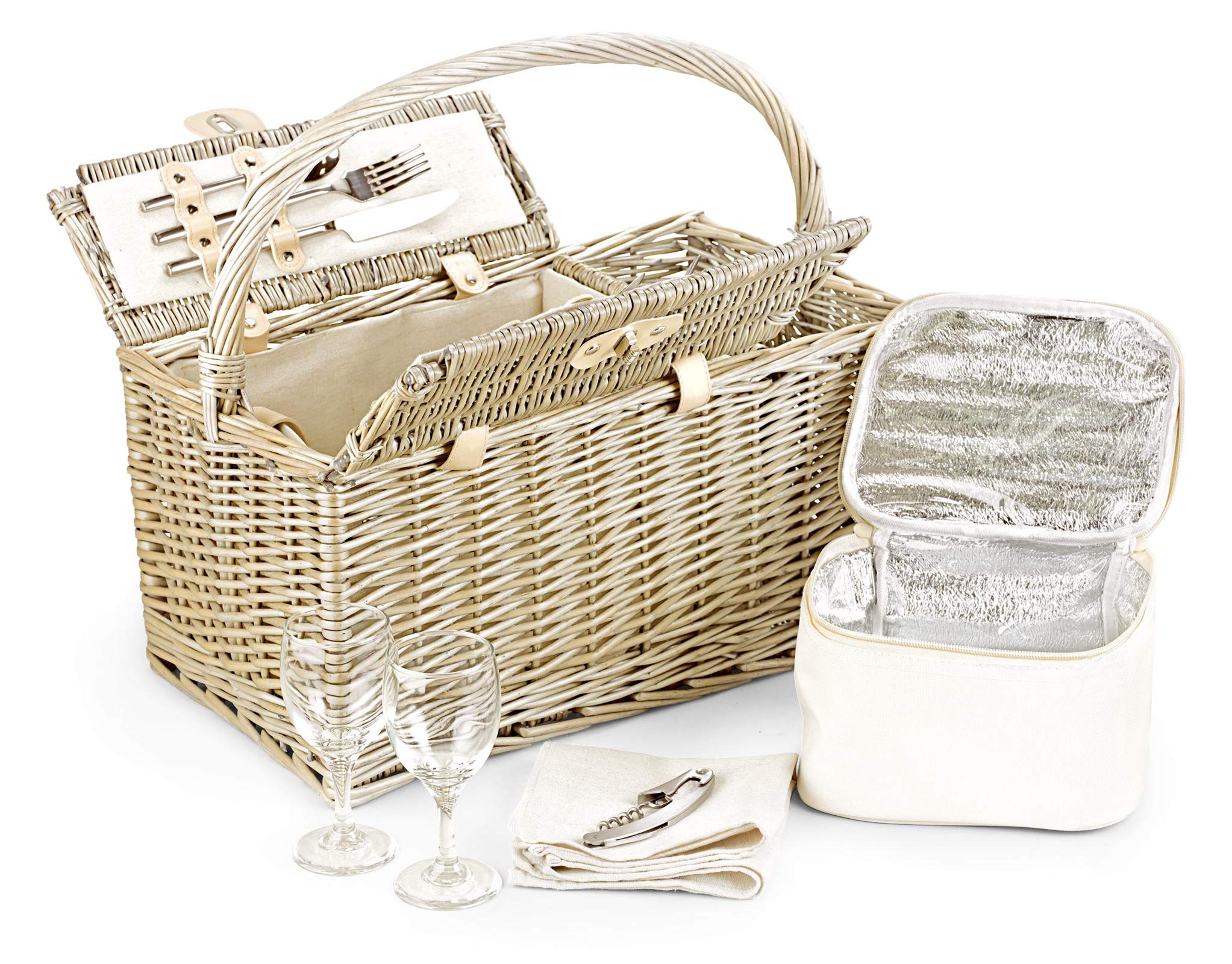 Fitted Picnic Basket with Accessories - Luxury Two-Bottle Folding Hamper with Stainless Steel Cutlery, Fine Porcelain Plates, Cotton Napkins - Picnic Gifts for Families, from Regency Hampers