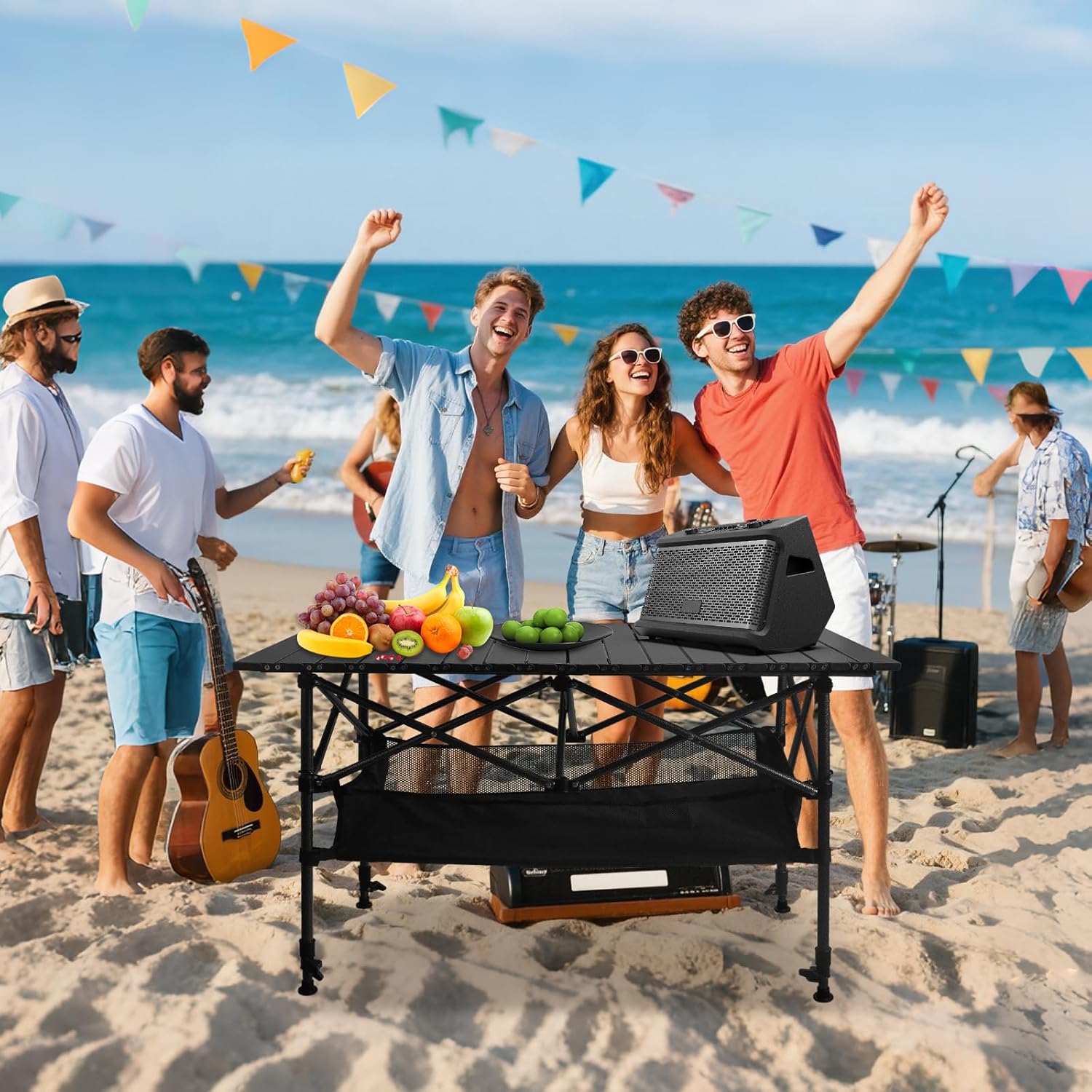 Folding Camping Table, Outdoor Roll-up Table Height Adjustable & Portable Metal Camp Grill Table for Picnic, BBQ, Party, Backyard, Beach, Mesh Storage and Carry Bag (Ash Black, 37.4'' Large) Ash Black 37.4'' Large