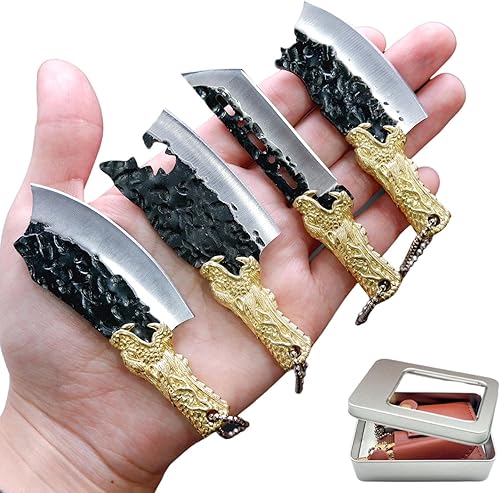 Juego de mini cuchillos, mini juego de cuchillos de bolsillo, mini cuchillo de chef EDC con mango de cabeza de dragón de latón, mini cuchillo con