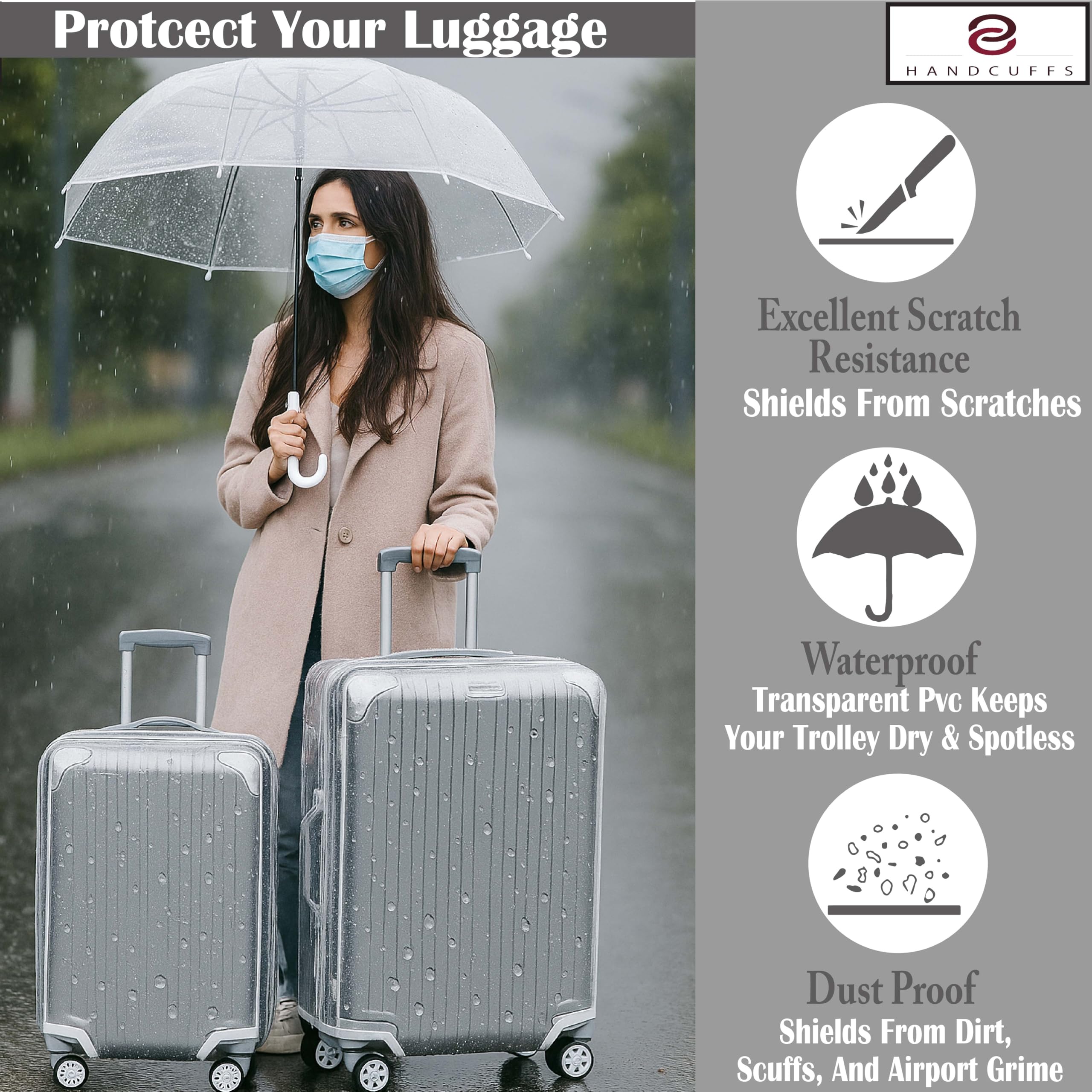Handcuffs Copertura impermeabile in PVC trasparente per valigie e trolley, 71 cm