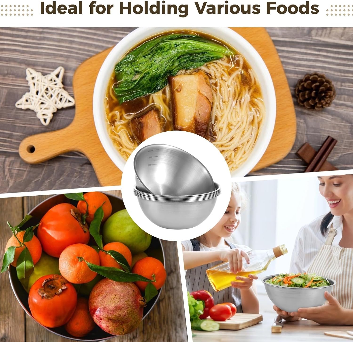 Eight Pcs Stainless Steel Mixing Bowls for Cooking, Baking, Meal Prep, Unbreakable Soup Bowls, Large Food Serving Bowls, Metal Dinner Bowls with Capacity Markings