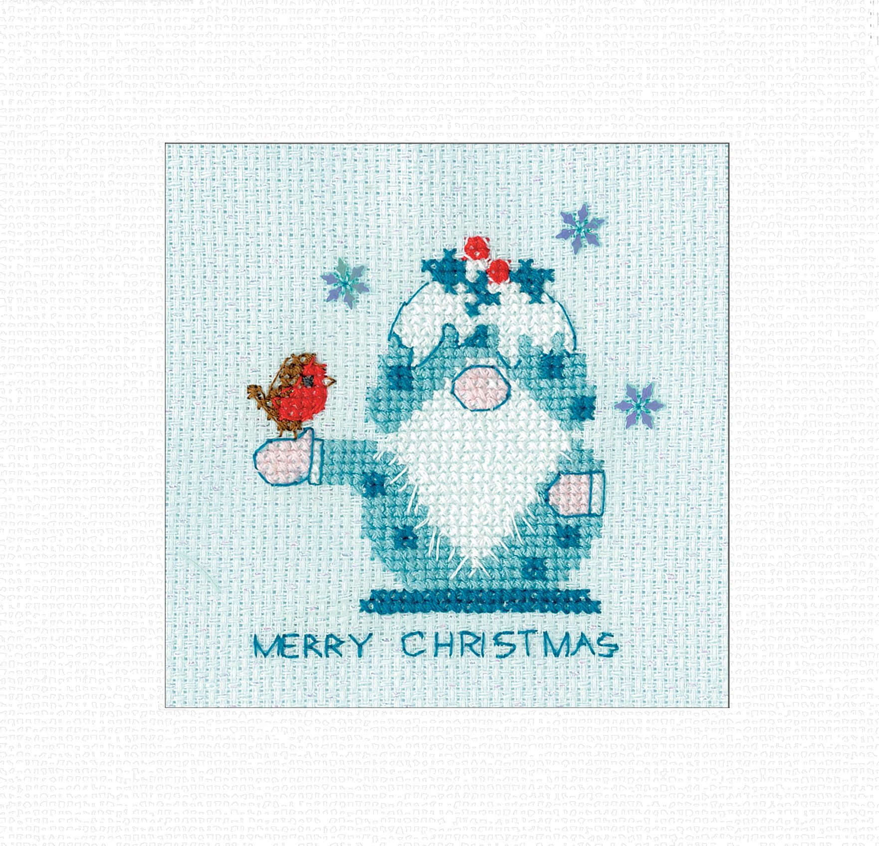 Heritage Crafts Sparkle & Sequin Christmas Card Cross Stitch Kit - Frosted Gonk - Christmas Pudding Cross Stitch Card Kit