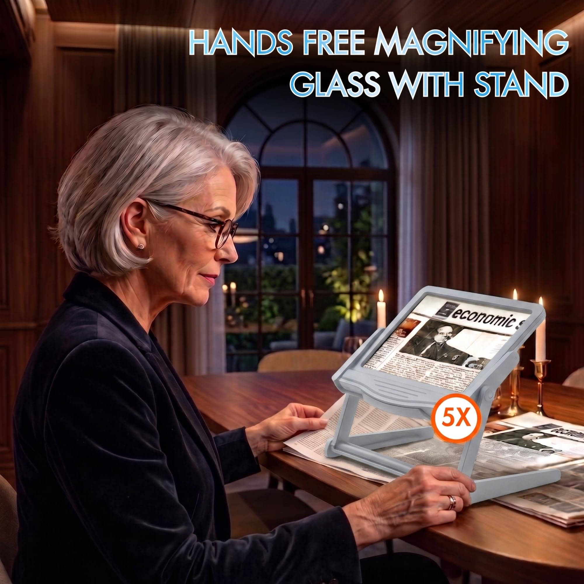 MAGNIPROS Lente d'ingrandimento a LED ricaricabile 5X | 3 modalità di luce a colori continui | Supporto pieghevole e staccabile per una facile lettura Fine Print & Crafting | Perfetto per ipovisione,