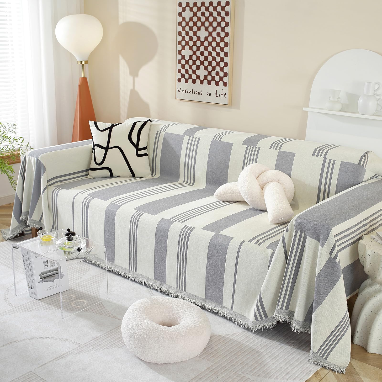 DREAMINGO Striped Couch Cover Blanket Grey Chenille Sofa Covers Sectional Couch Covers 3 Seat Sofa Protector Geometric Couch Slipcover with Tassel Washable Pets Couch Throw Cover, 71"x150" — image 1