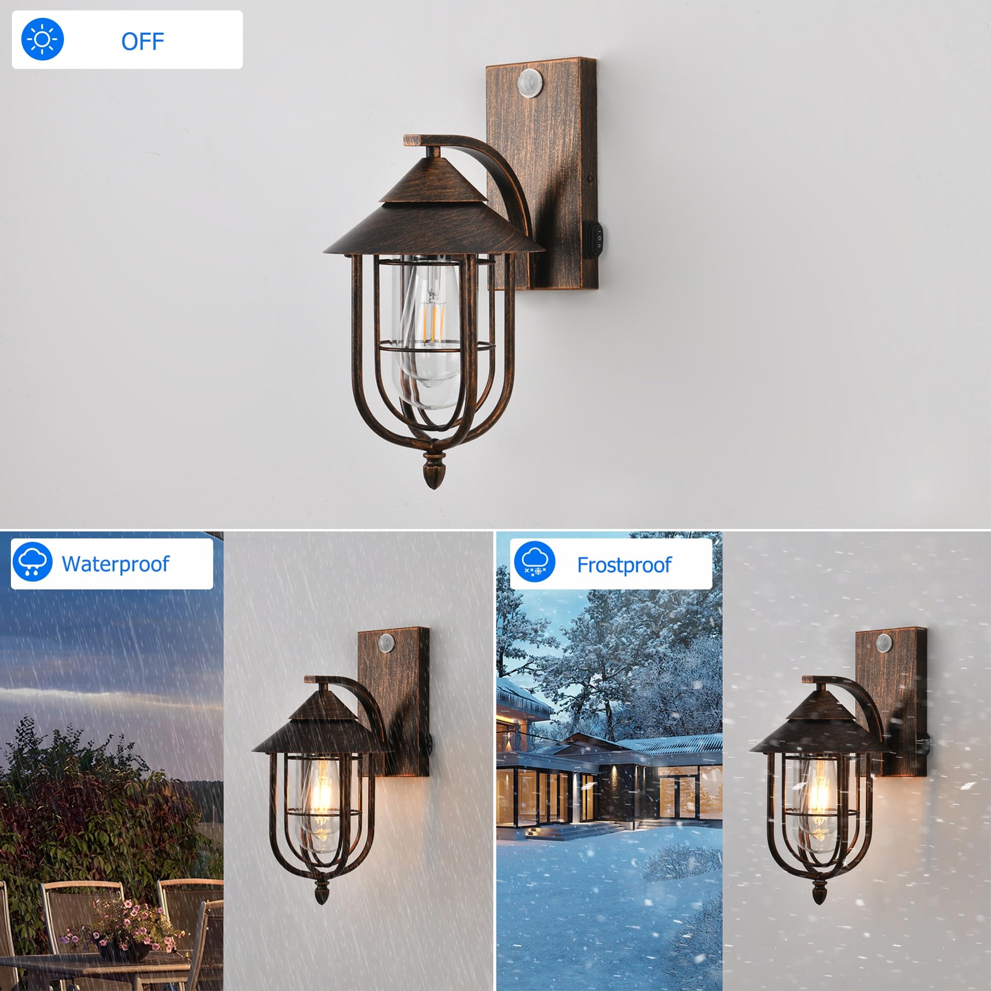 Aussenlampe mit Bewegungsmelder Vintage Schwarz Gold Außenlampe Wand | Außenleuchte mit 3 Beleuchtungsmodi, IP65 Wasserdichte Außenlampe aus Metall Käfig, Lampe mit Bewegungsmelder Aussen