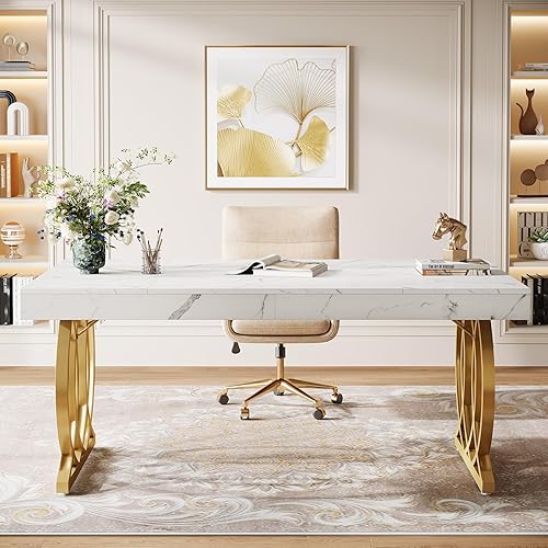 Miniatura 3 de Tribesigns Escritorio ejecutivo de 63 pulgadas, escritorio moderno para computadora de oficina con elegantes patas doradas, estación de trabajo