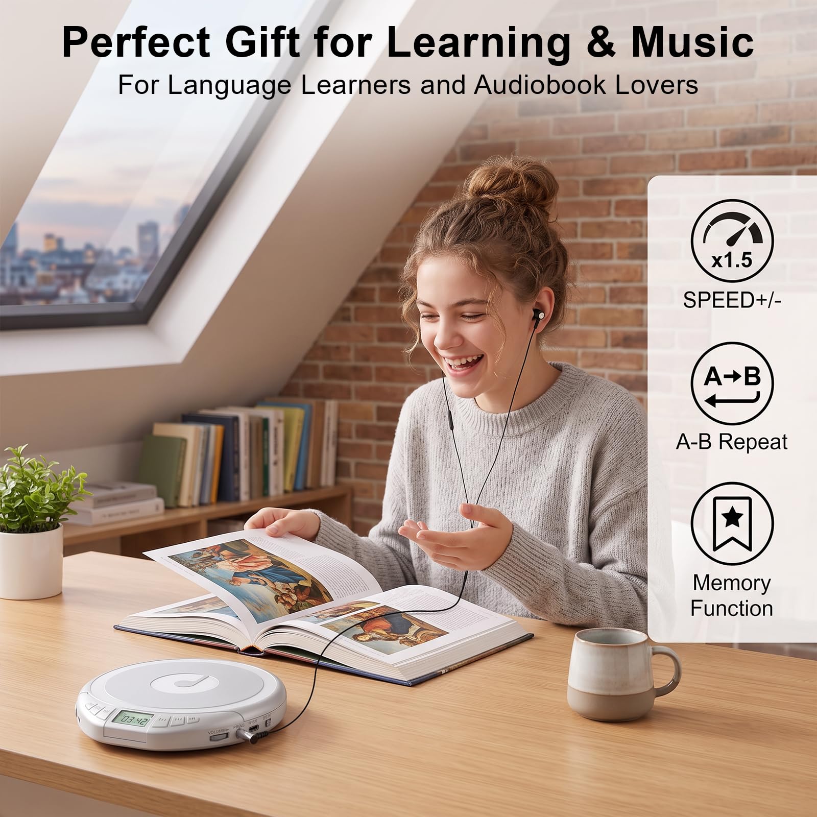 Gueray Lettore CD portatile con auricolari, CD Discman per auto e casa, con protezione anti-skip antiurto, lettore CD personale Discman con display LCD, supporta la funzione di memoria PROG (H-01