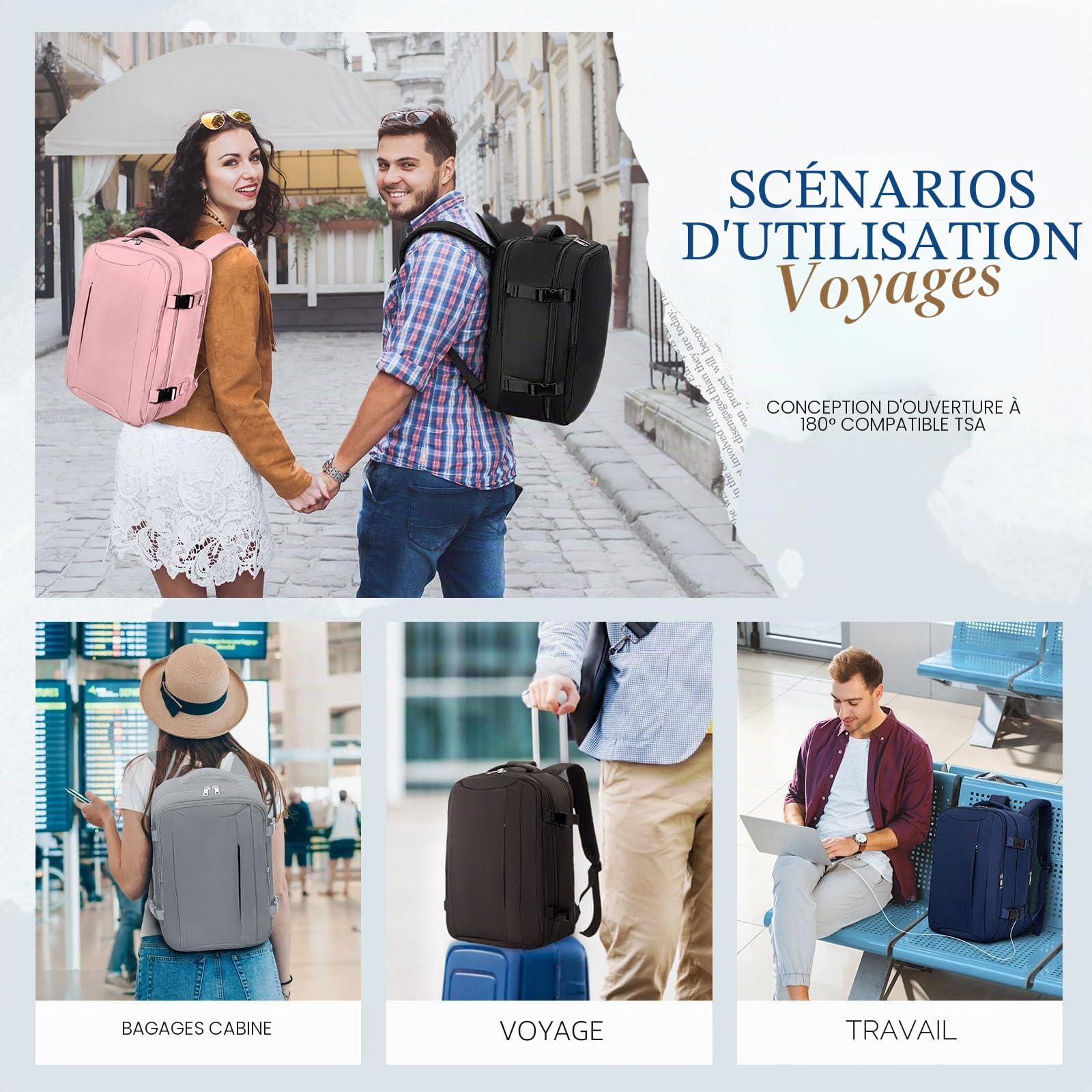 VMIKIV Sac a Dos Voyage Cabin Avion 40x30x20 pour Ryanair Bagages Cabine Sac de Voyage Femme 45x36x20 pour Easyjet avec Pochette Antivol Sac Cabine Avion 55x40x20 Sac à Dos Bag Main Homme