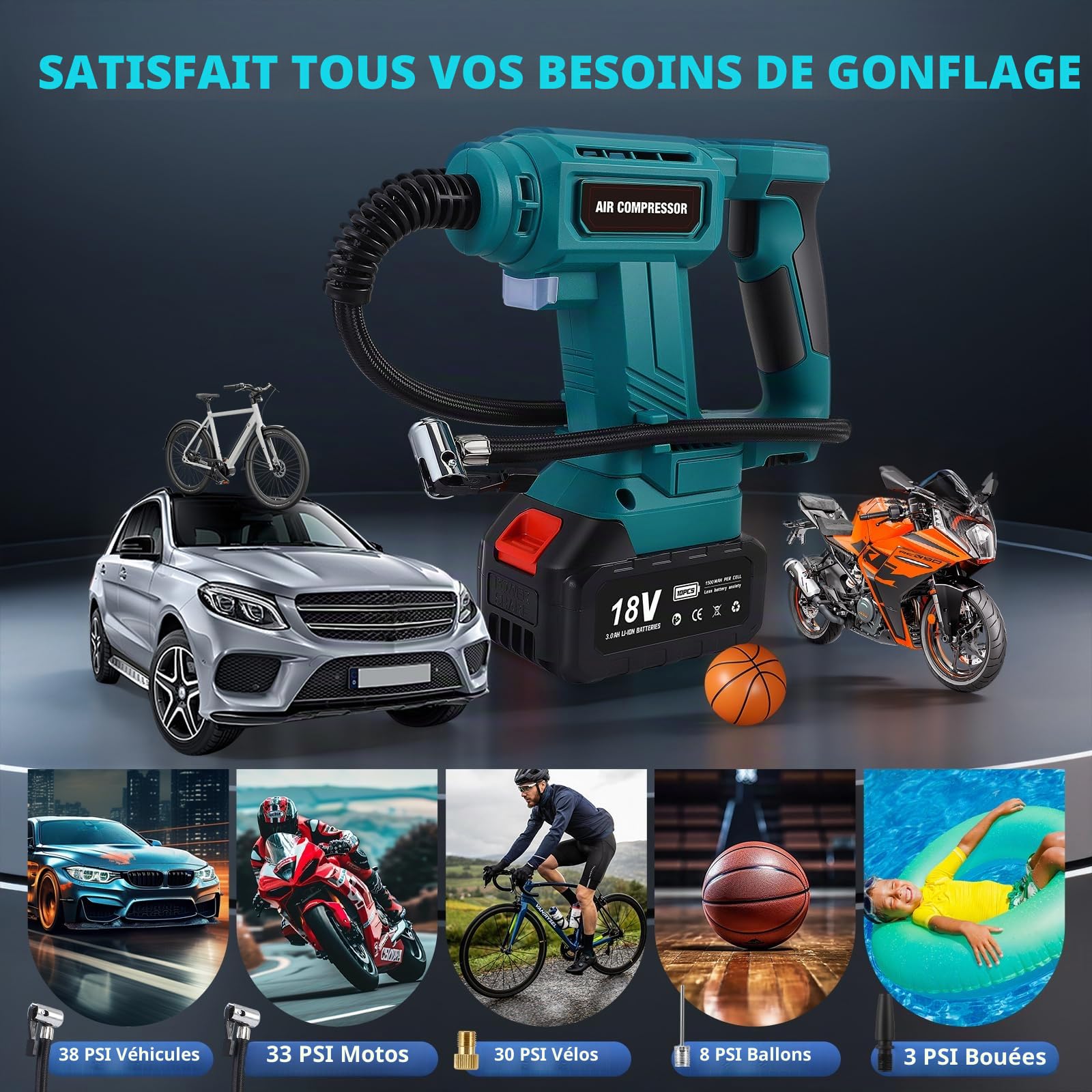 Compresseur d'air 150psi 28L/min Pompe de pneu portable avec un gonfleur de pneu de batterie de 18V 3000mAh avec 3 adaptateurs pour les véhicules, motos, vélos, balles, anneaux de natation