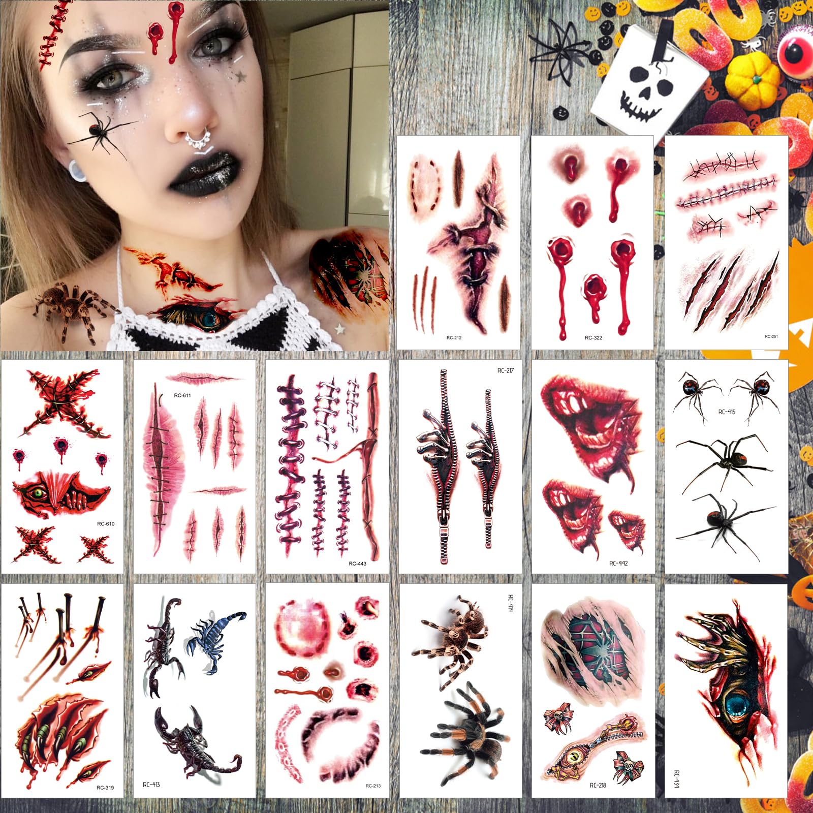 EAPIKON Halloween Tattoos 40 Blätter - Narben Kunstblut Grusel Sticker