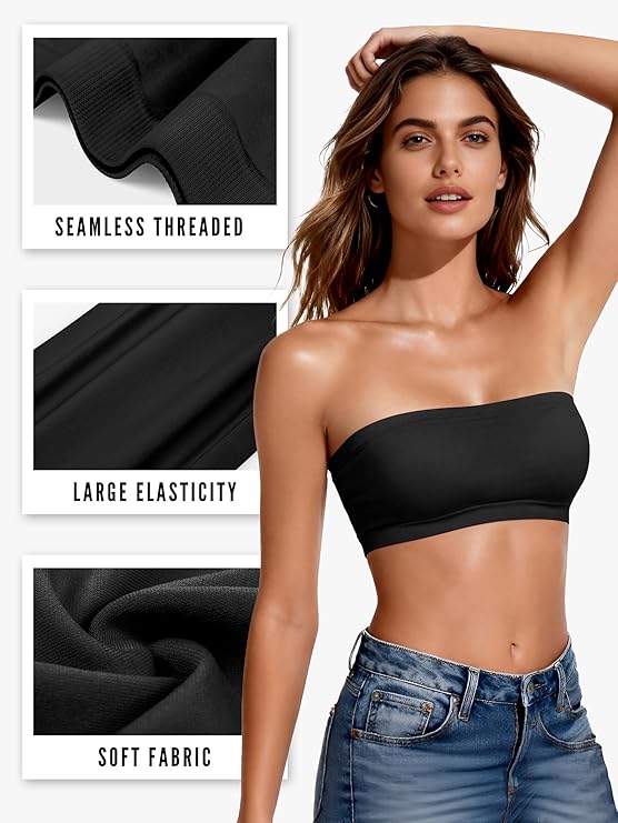 Cooraby 4 Pack Women Tube Tops Summer Bandeau Strapless Seamless Non-Padded Crop Tops Stretchy Casual Bralette Basic Shirt