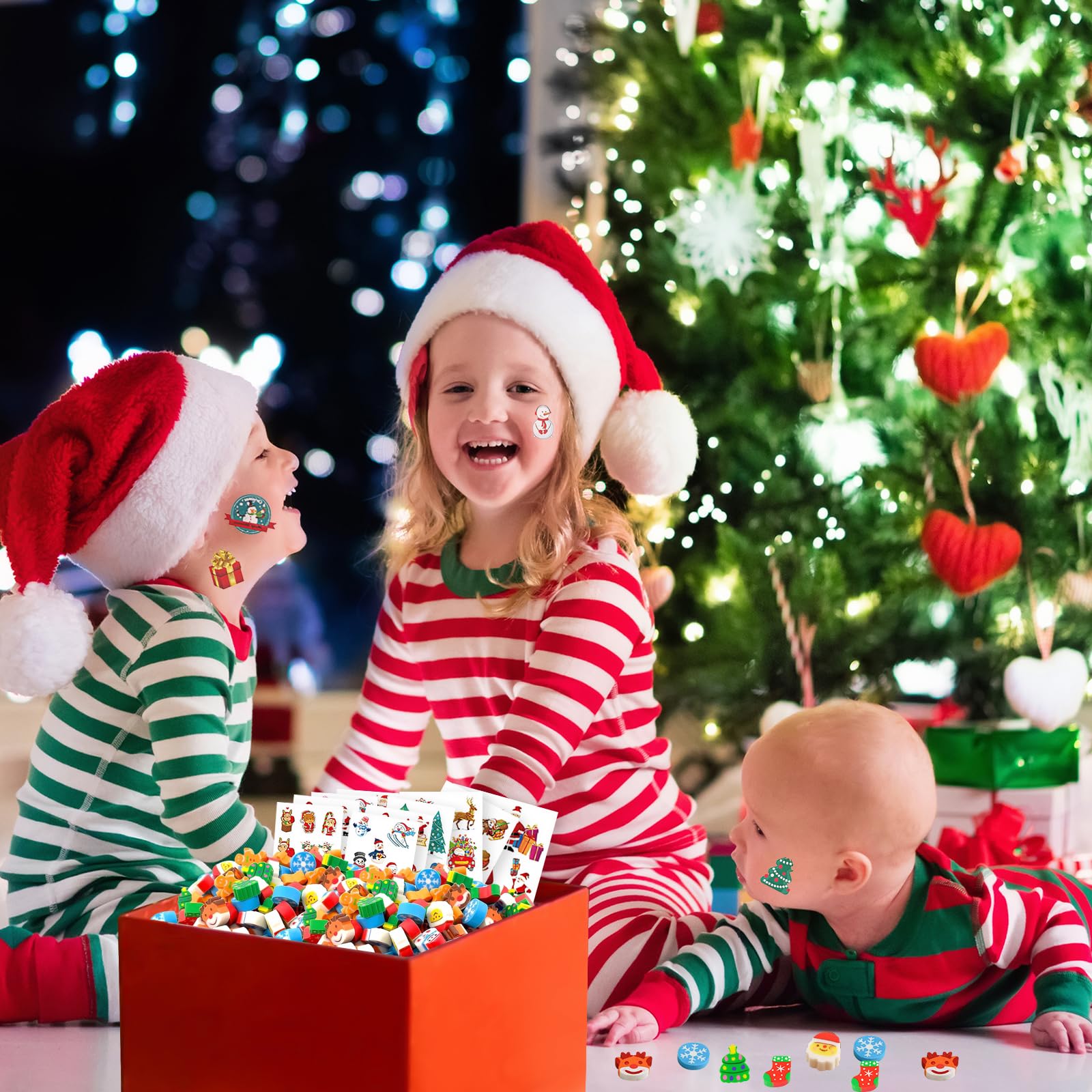 Shinybox 230 Pezzi Set di Gomme Natalizie per Bambini, 200 Mini Gomme da Cancellare Natalizie e 30 Adesivi per Tatuaggi Natalizi, Feste di Natale per Riempire la Calza Della Befana