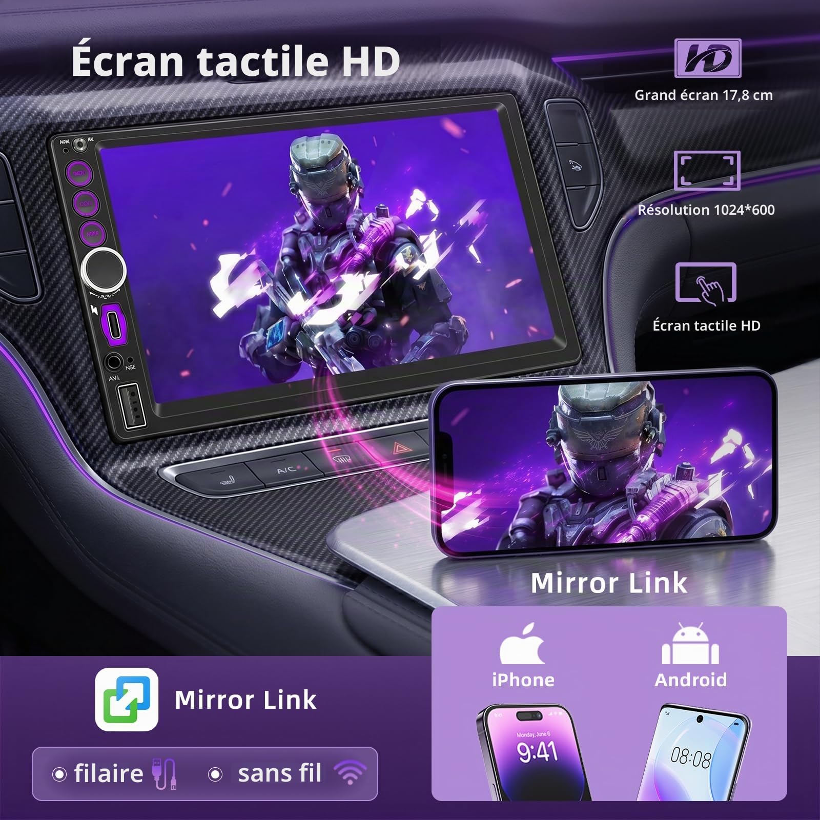 Autoradio 2 DIN avec CarPlay sans Fil et Android Auto - 7 Pouces Écran Tactile IPS, Poste Radio Voiture Bluetooth avec Caméra de Recul, Mirror Link, Type-C, USB, FM, Control Volant, Navigation GPS