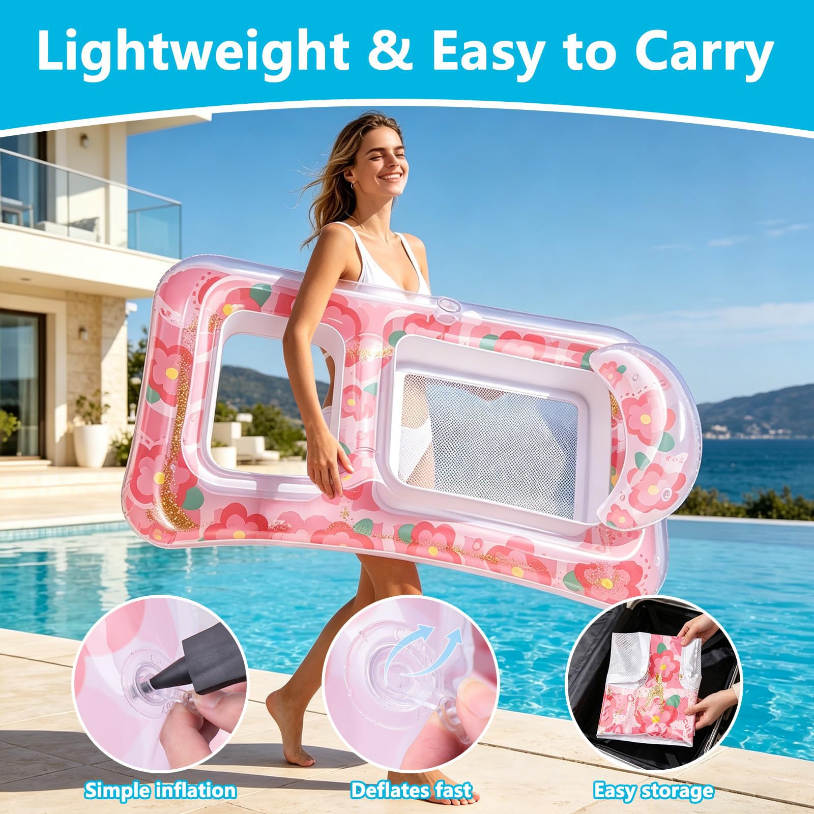 Materassino Mare in PVC Galleggiante Gonfiabile Piscina con Parasole Disponibile in Una varietà di Colori con Schienale e portabicchiere Accessori Piscina per Piscina e Spiaggia