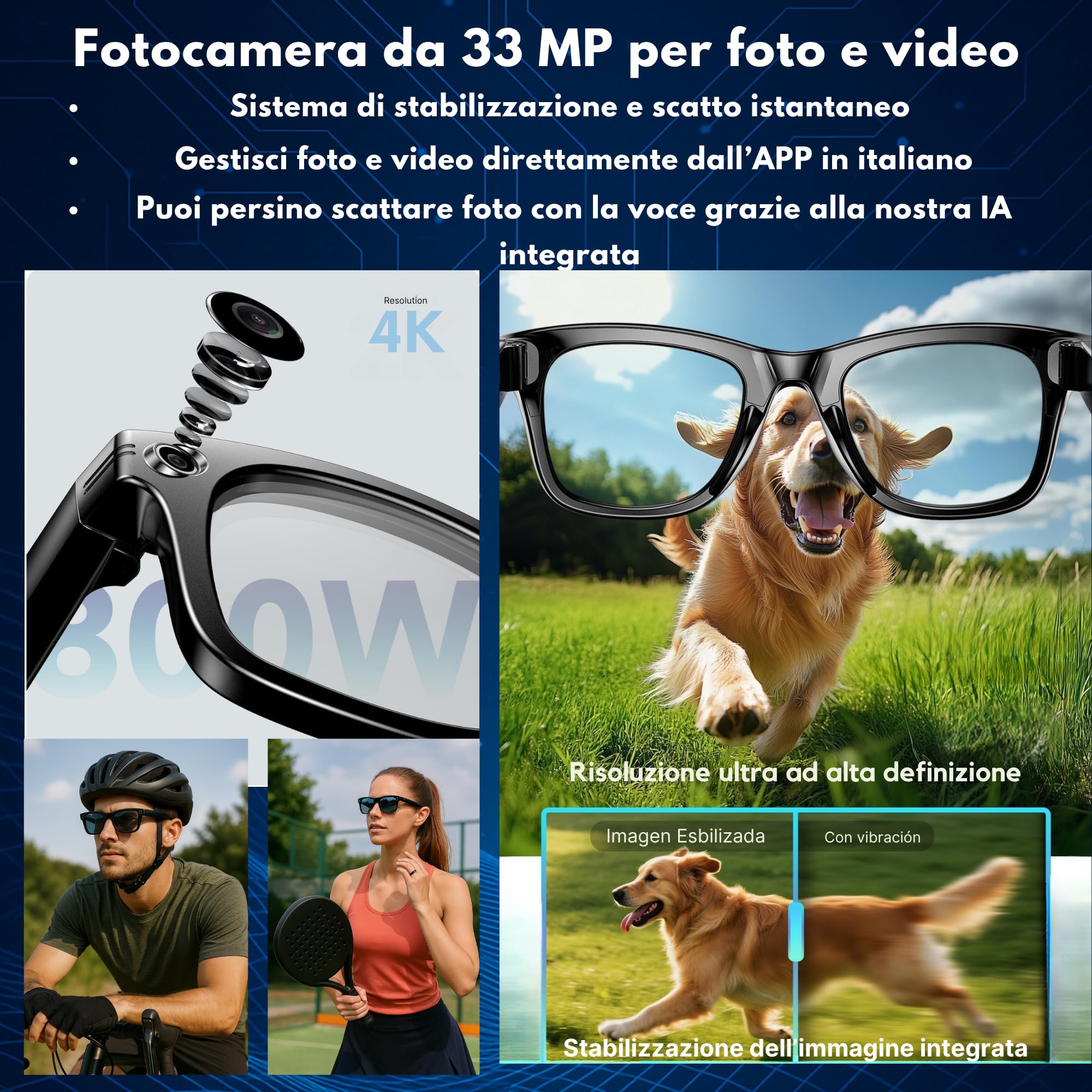 smartia – Occhiali Intelligenti con fotocamera, App inclusa in italiano, Occhiali Bluetooth a mani libere con IA GPT 5 integrata per voce, Occhiali fotocromatici e traduzione in 20 lingue