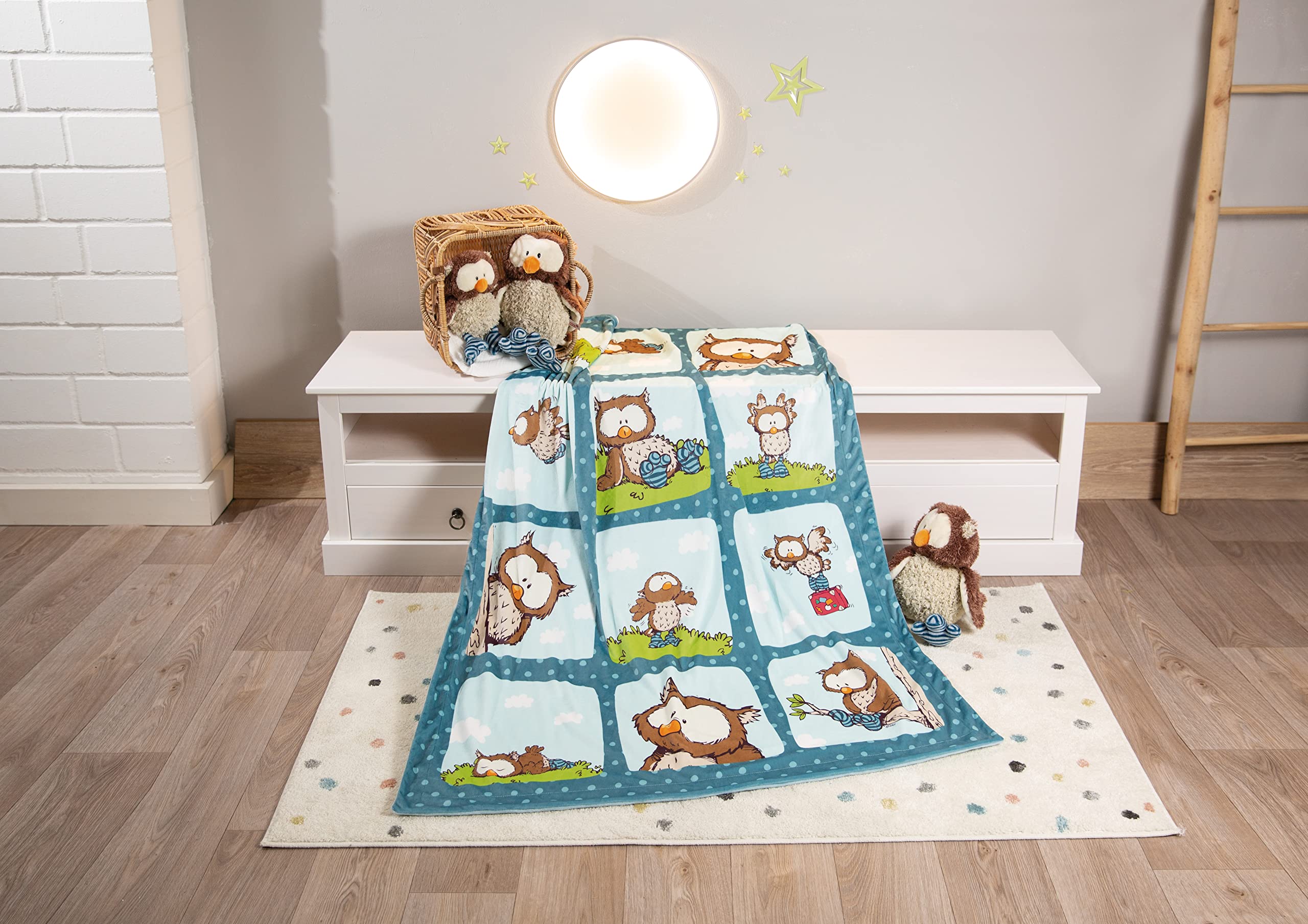 NICI- Auto Copertina Gufo Oscar 106 x 140 cm Blu Neonati Morbido Peluche-Coperta Calda Bambine, 48936