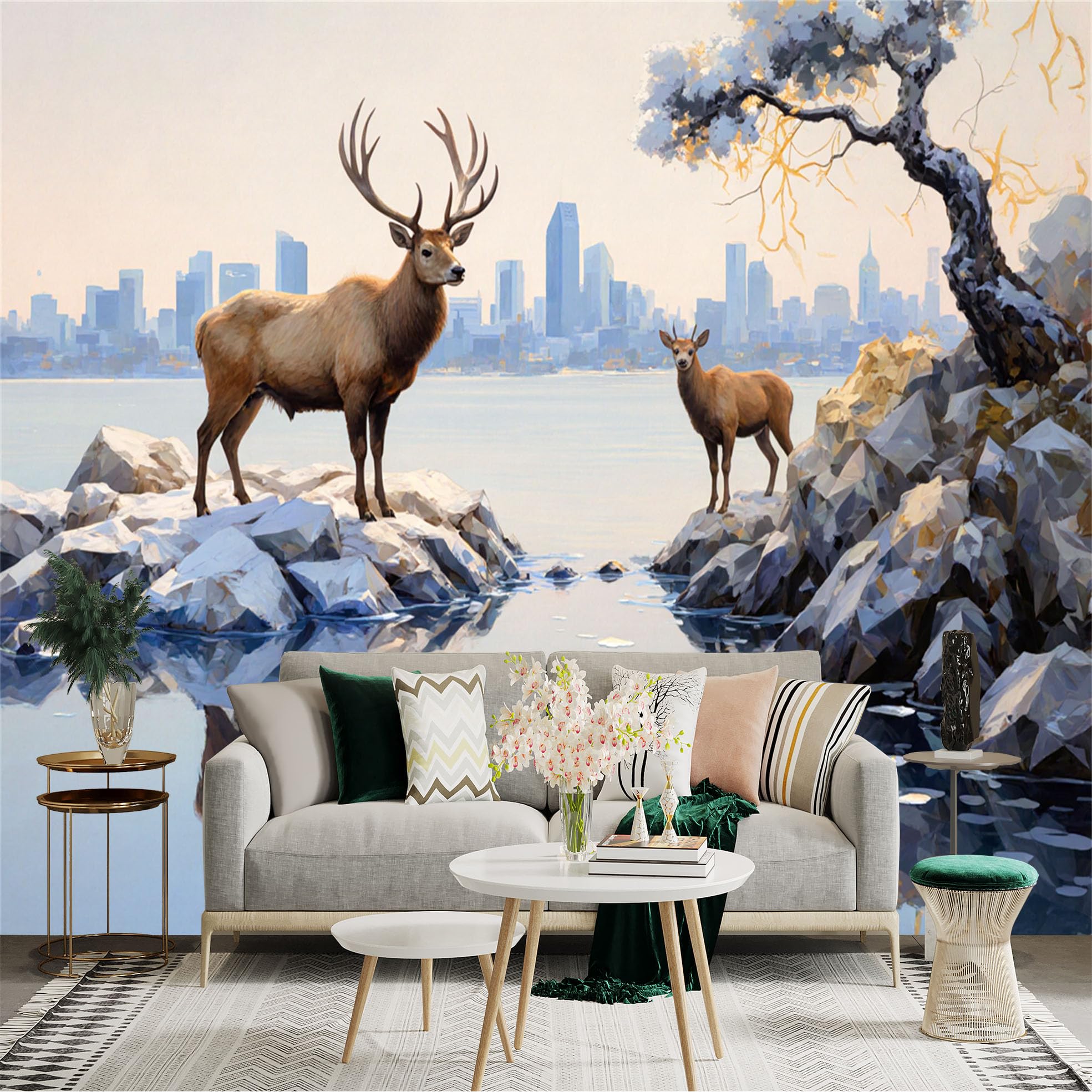 Lnzczhyre Xc260505615 Custom Size Wall Sticker Mural， Majestic Stags By Lakeside， Urban Skyline Background， Nature And Cityscape Fusion， For Wall Decoration， Peelandstick Wall Decals.