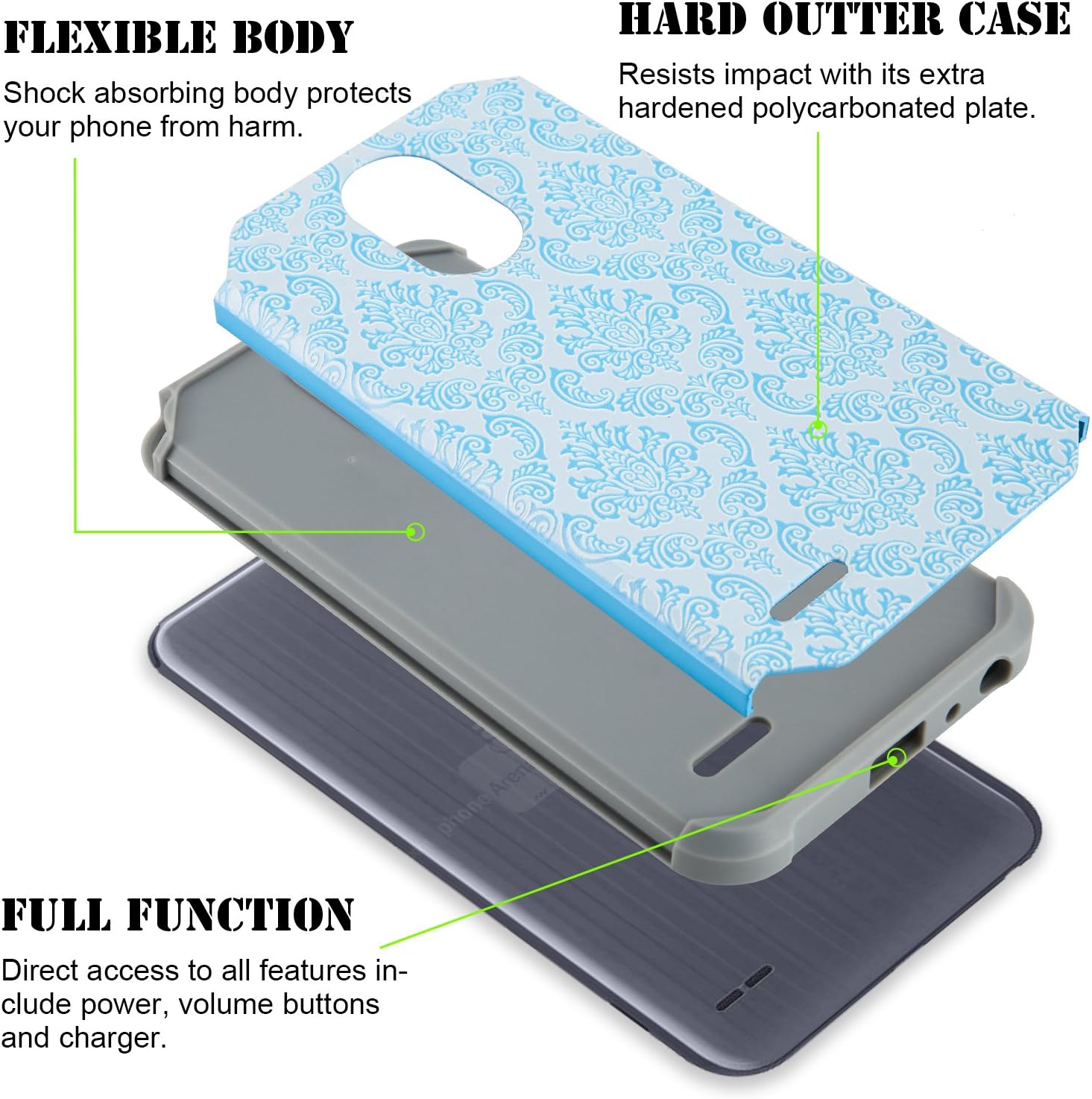 STARSHOP LG Stylo 3 Case, LG Stylo 3 Plus Case, [Shock Absorption] Dual Layers Impact Advanced Protective Phone Cover with [Premium HD Screen Protector Included] (Light Blue Lace)