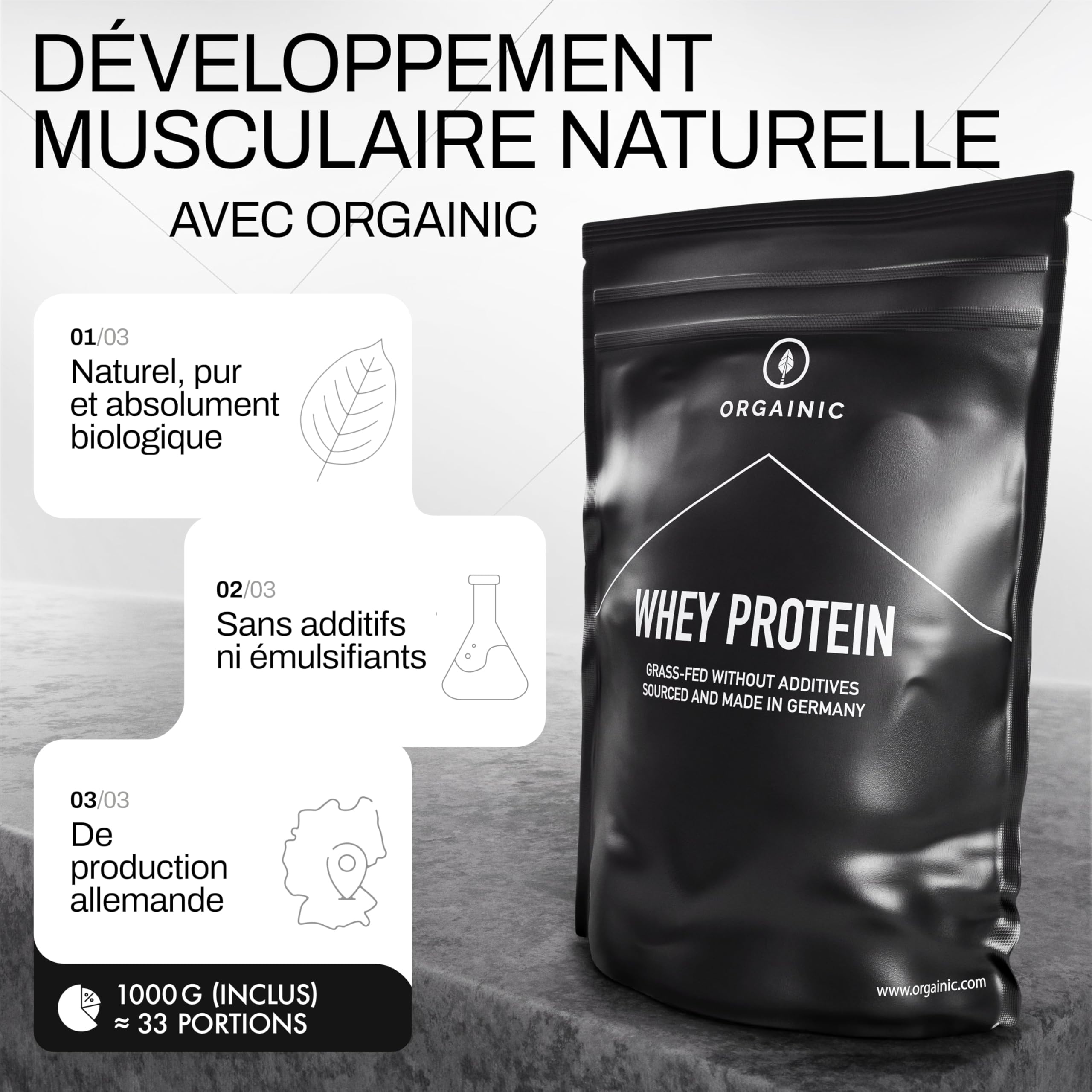 ORGAINIC Protéine Whey - Whey de Vaches Nourries à l'Herbe - Contient des Acides Aminés Essentiels et non-Essentiels et BCAA pour la Prise de Muscle - Traité à Froid, sans OGM - 1000g, Nature