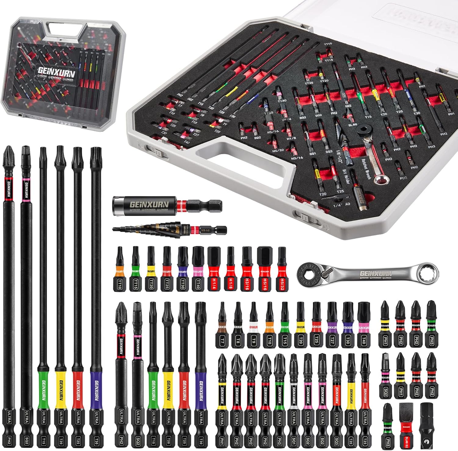 58Pcs Screwdriver Set Include 54Pcs Impact Screwdriver Bits Set, Mini Wrench, Step Drill, 1/4”Socket Adapter and Impact Bit Extension with Tool Box for Home Repairs DIY