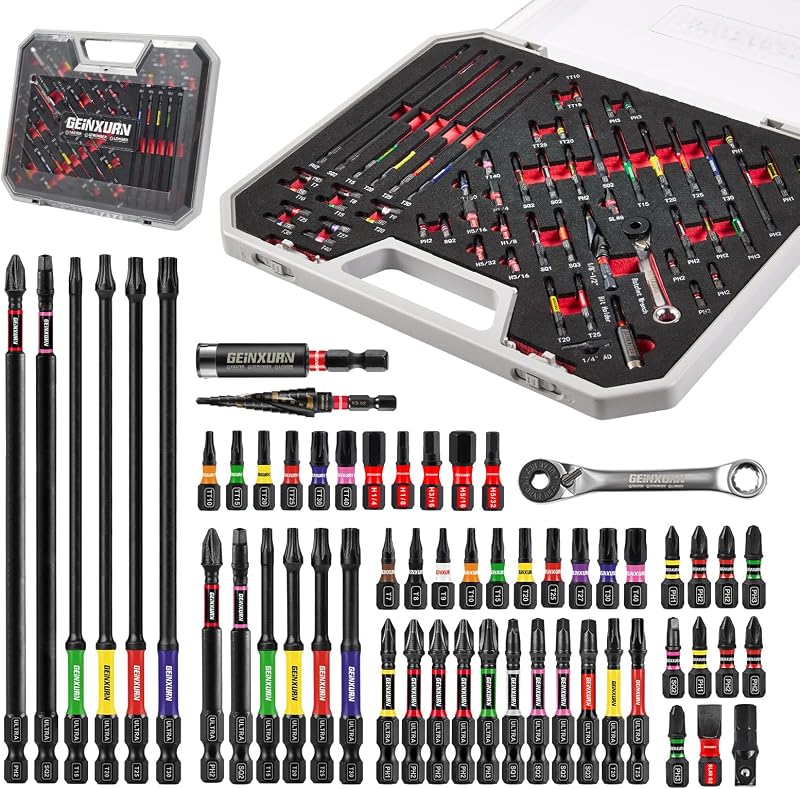 58Pcs Screwdriver Bit Set Include Impact Screwdriver Bits, Mini Wrench, Step Drill, 1/4”Socket Adapter and Impact Bit Extension with Tool Box for Home Repairs& DIY