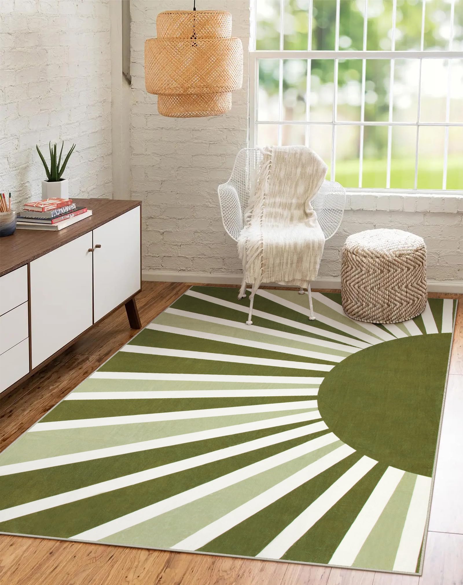 Lahome Green Area Rug: 5'x7 'Ultra-Thin Machine Washable & Non-Slip with Cute Boho Rainbow Sun Print for Living Room, Nursery, Bedroom, Entryway &