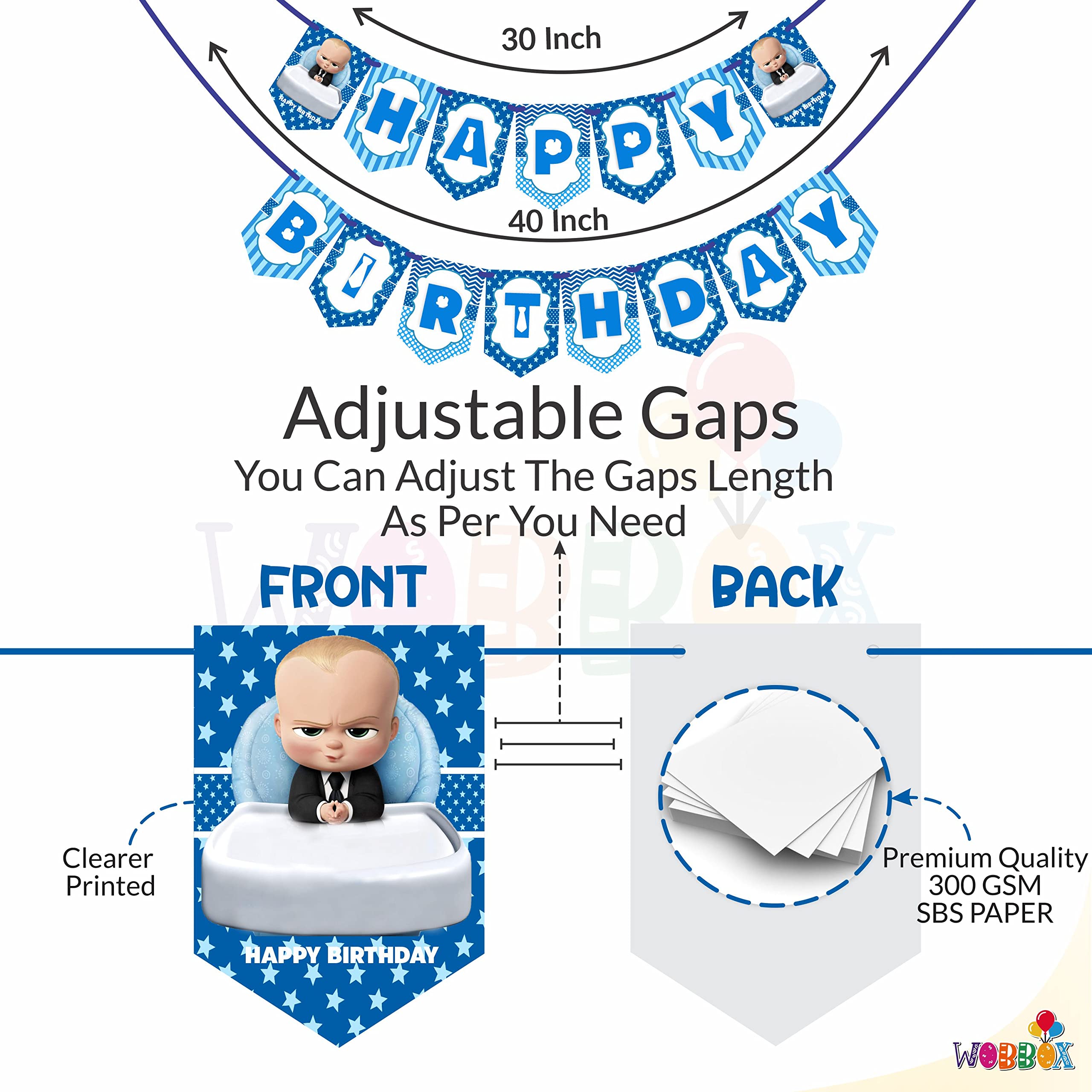 WOBBOX Happy Birthday Baby Boss Theme Party Props Blue Color with Different Pattern Background Blue Color Font Bunting Banner Combo, Birthday Party Deocration Items, Party Decoration Item (13 Pcs) 1