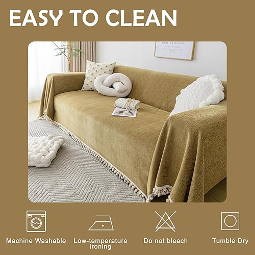 Miniatura 7 de HANDONTIME Funda de sofá bohemia color amarillo mostaza para perros, funda de sofá marrón para perros con borlas, protector de sofá de felpilla sin