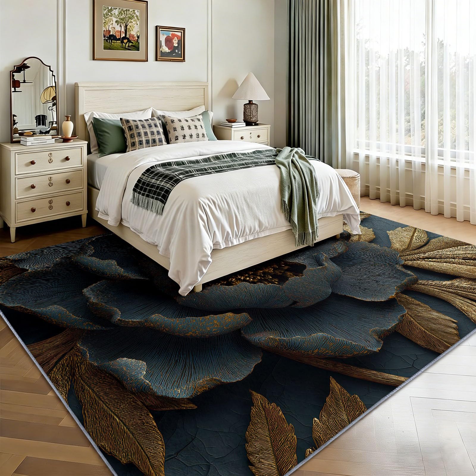 Tapis vintage 180x240 cm noir et or floral lavable pour salon et chambre