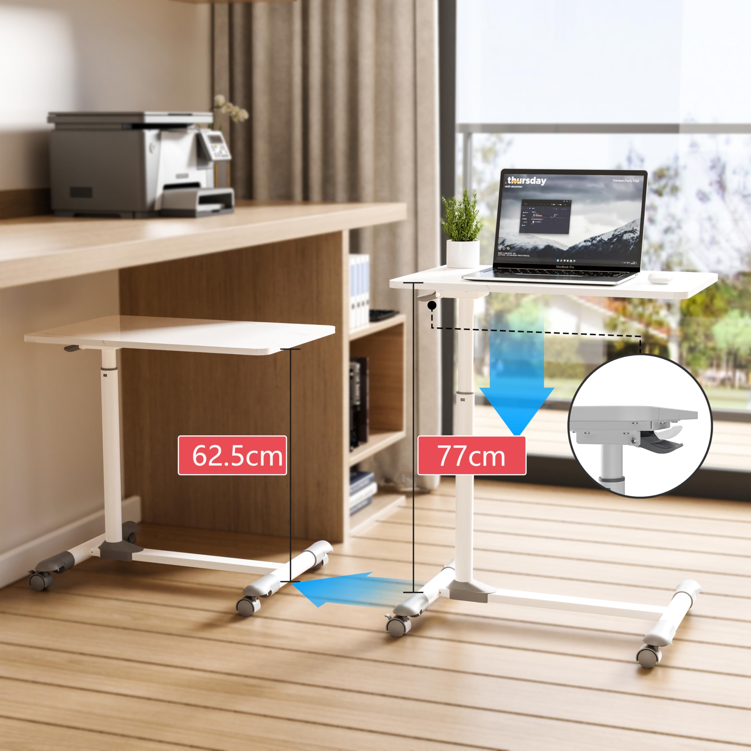 ETHU Mesa Sobrecama con Ruedas Bloqueables, Móvil y Ergonómica, Altura Ajustable para Uso en Hospitales, Oficina y Hogar (Acabado Mármol)