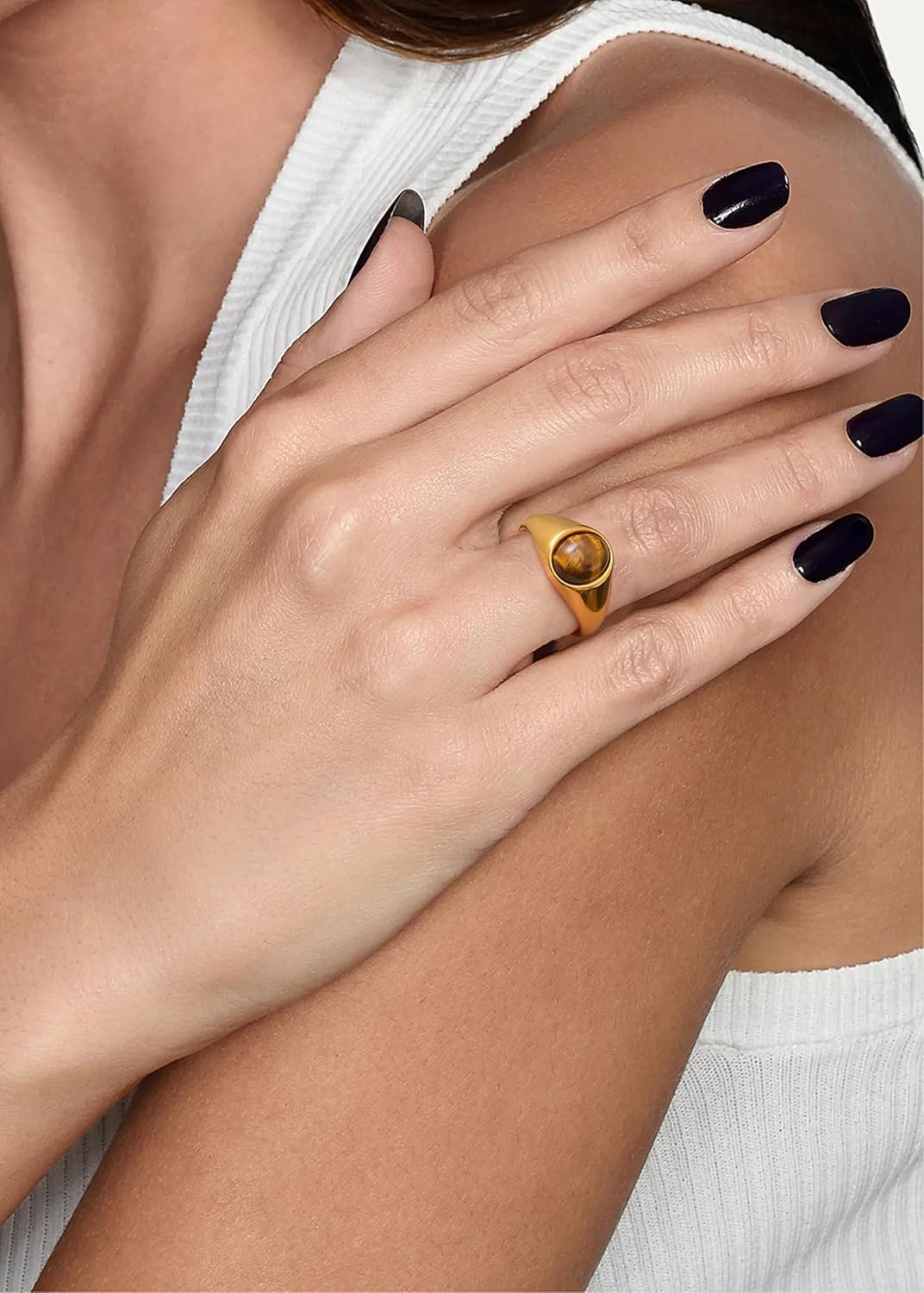 YeGieonr Gold Signet Rings for Women Non Tarnish Gold Rings, Waterproof Gemstones Statement Ring, 18K Gold Plated Stainless Steel Gem Stone Jewelry Gift for Everyday Wear - Image 2