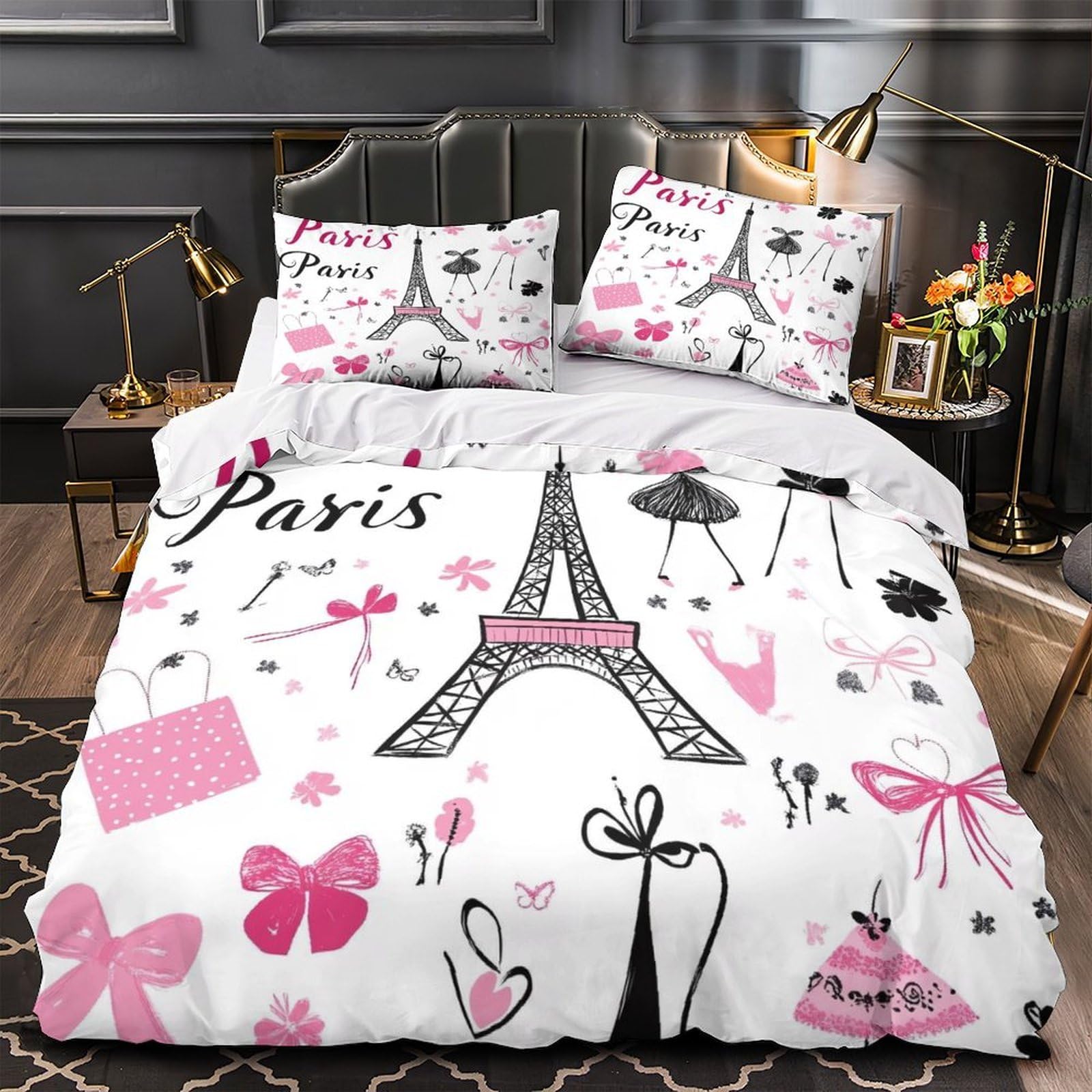 Stampa 3D Paris Eiffel Tower Copertura per letto Biancheria per letto Con federa Confortevole Cartoon Paris Decor Fodera copriletto Antiacaro per giovani single coppie Super king（260x220cm）