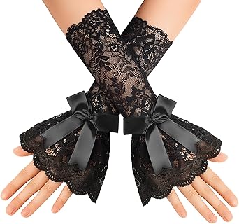 Avidlove Women Ruffle Bow Lace Gloves Fingerless Mid Elbow Sleeve Costume Wedding Opera Tea Party Prom Cosplay Gothic