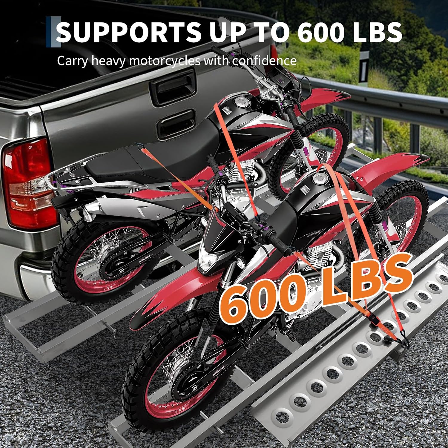 600 LBS Heavy-Duty Steel Double Motorcycle Carrier for 2" Hitch, 47" Extra Long Ramp Included, Universal Hitch Mount Hauler for Bikes, Scooters, ATVs, with Ratchet Straps & Stabilizer for Trucks & SUV